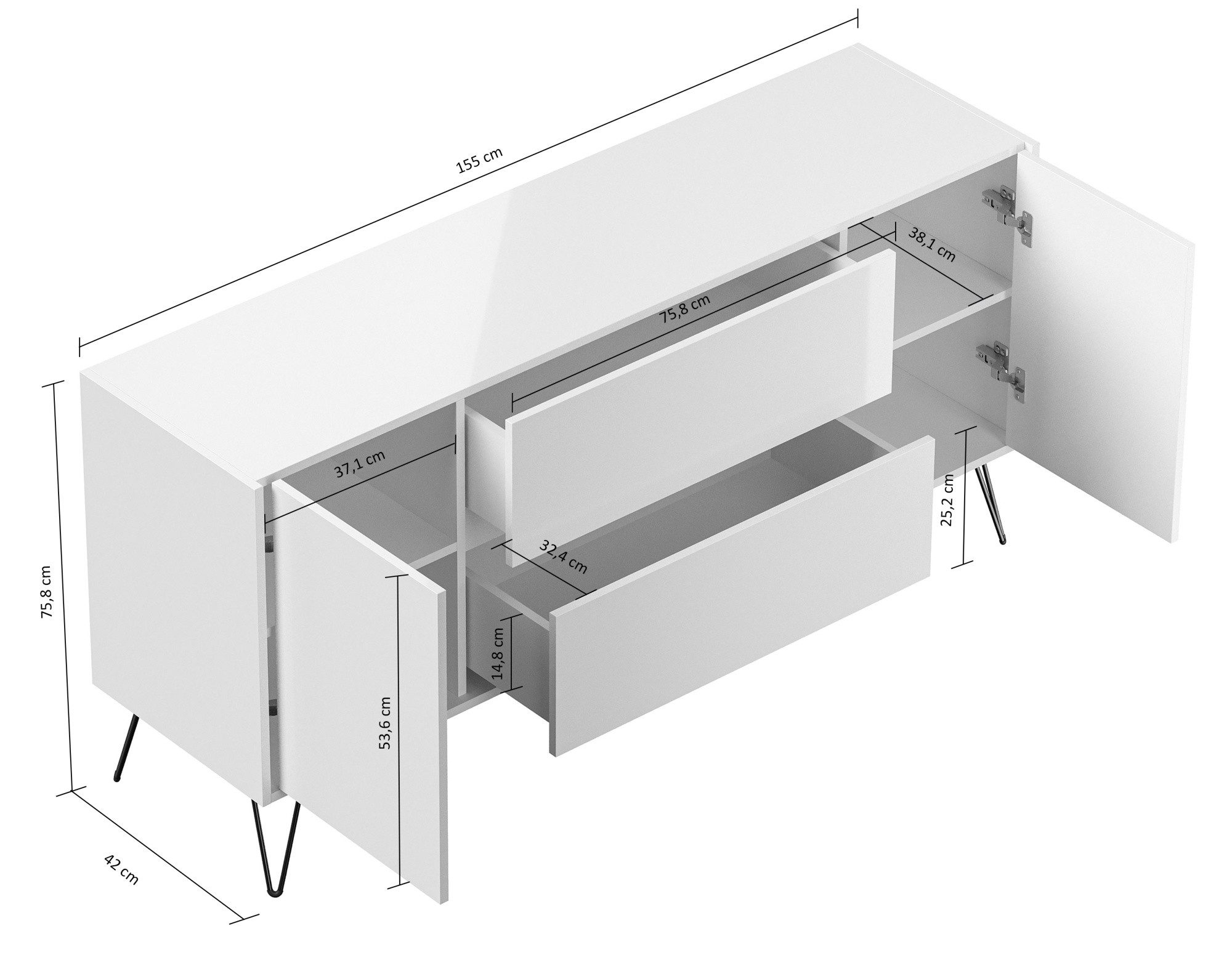 Magnolia Home Sideboard Sideboard Yako 155cm 2 SoftClose 2 Türen Weiß hochglanz – Bild 2 von 5