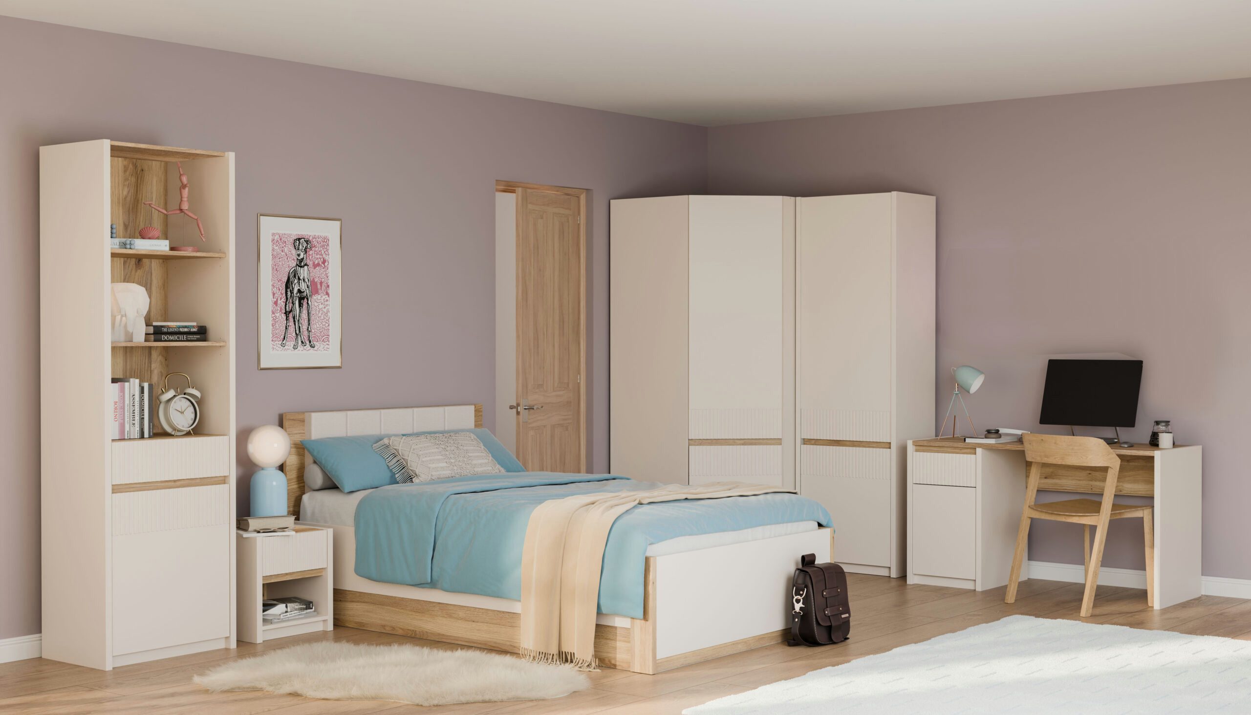 möbel-direkt.de Jugendzimmer-Set Jugendzimmerset Oak Squere in Mauvella Oak & Sand, (Spar-Set, 7-tlg., 7 teilig), Schubkästen- Vollauszug, Push-to-Open, Licht