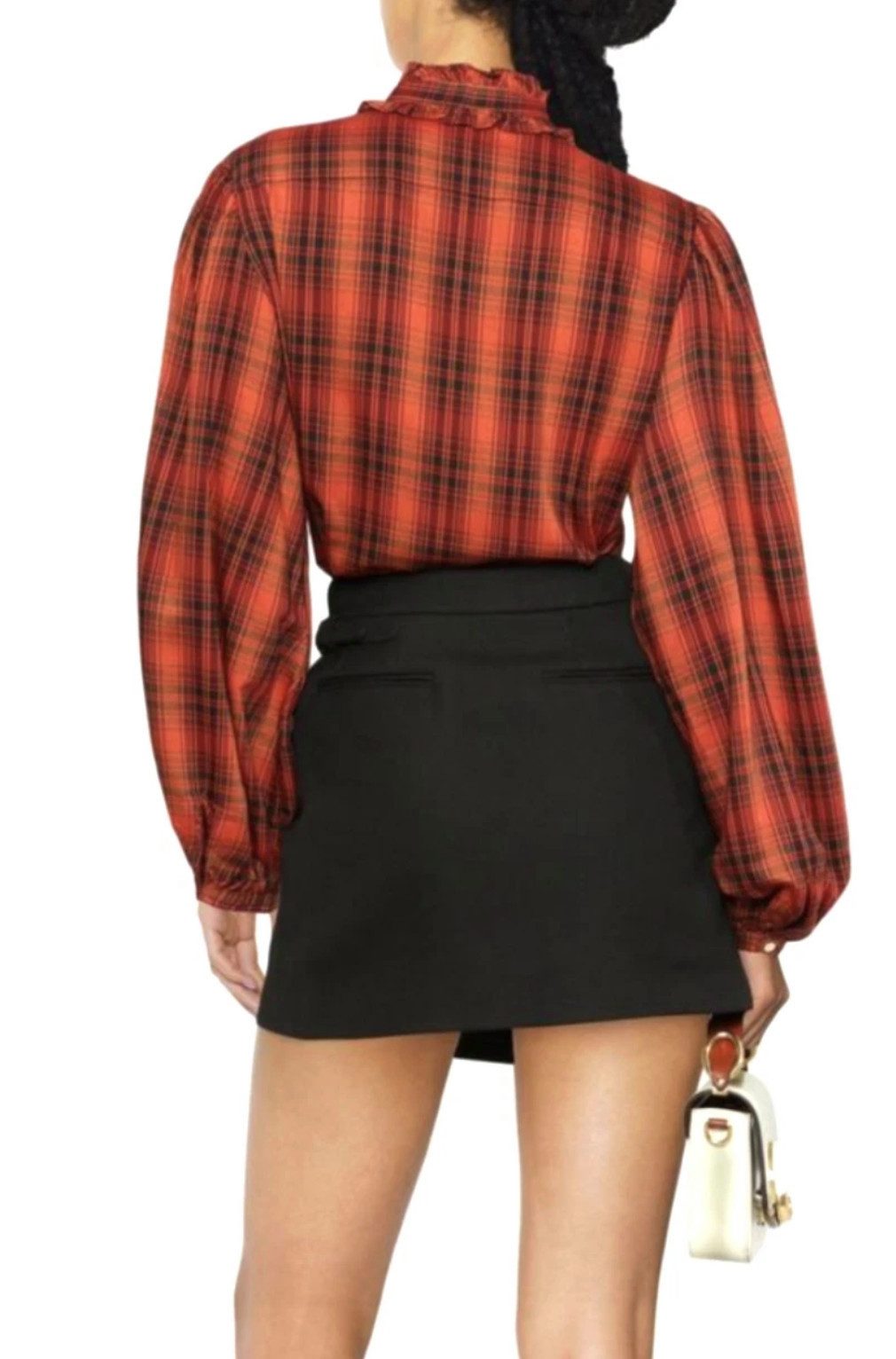 Polo Ralph Lauren ruffled blouse, checked relaxed fit shirt with ruffled collar, relaxed fit ruffled collar with tie, stand-up collar design