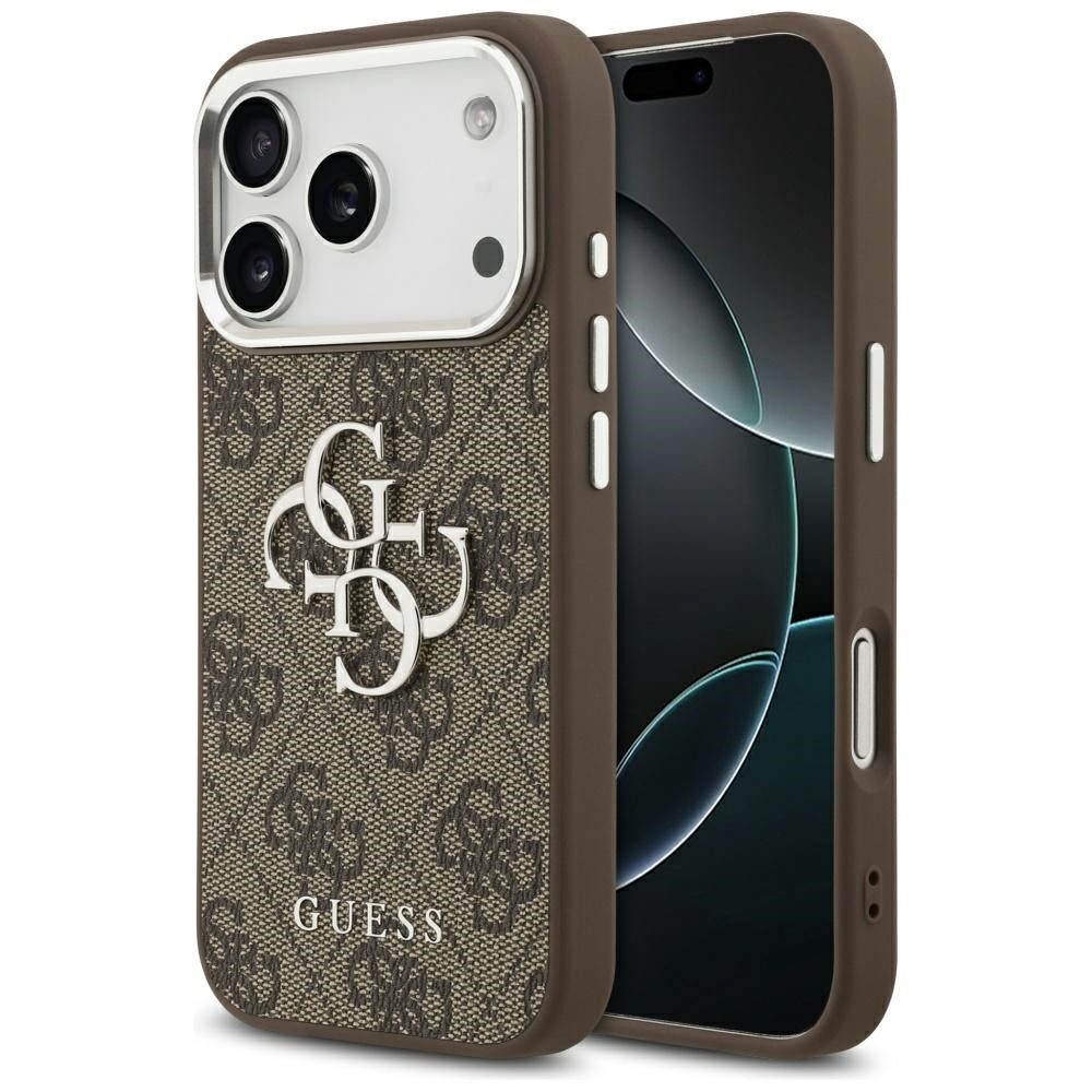Guess Handyhülle iPhone 17 Pro Kunstleder braun Big Logo Metall silber 6,3 Zoll, Kantenschutz