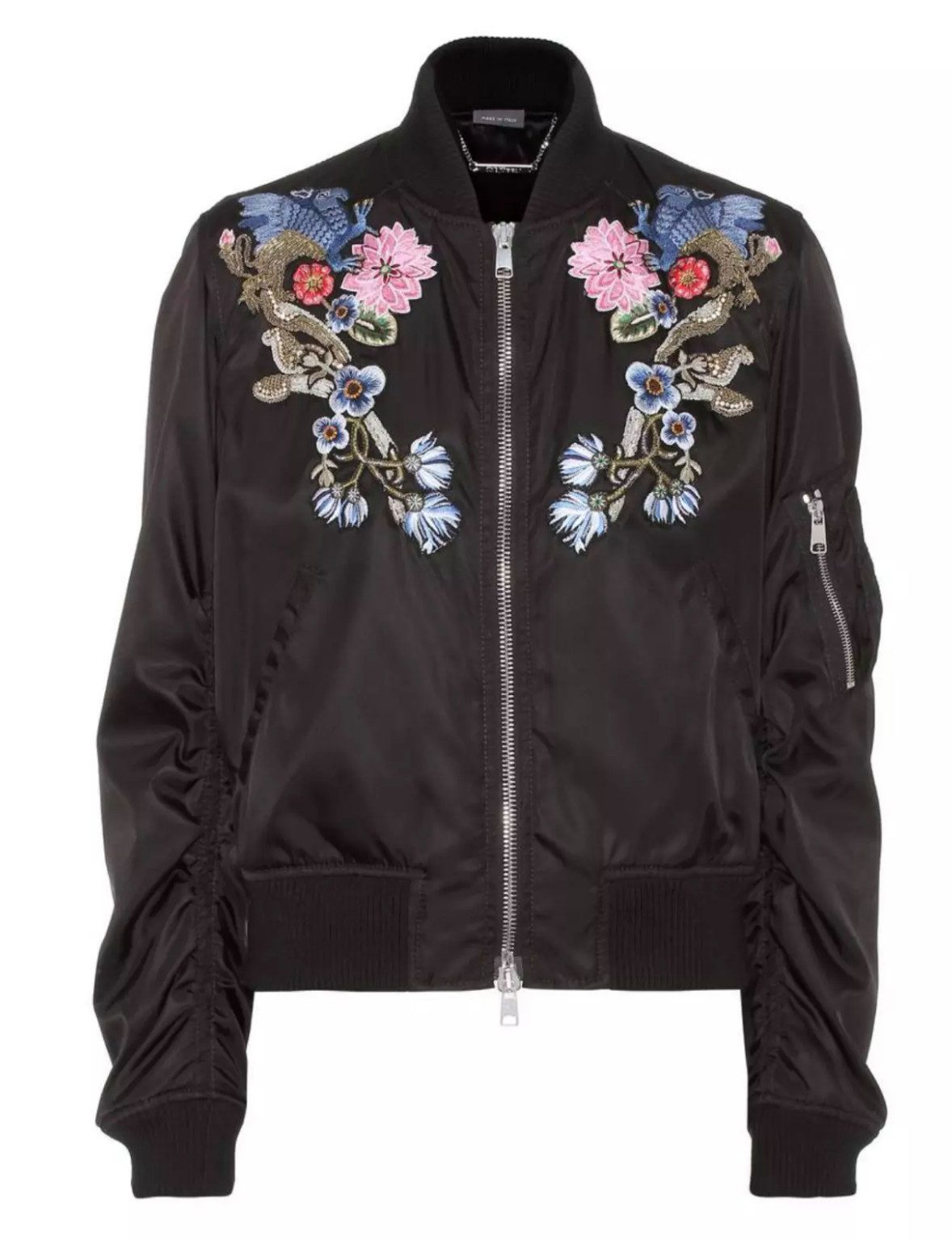 ALEXANDER MCQUEEN Bomberjacke Blumen Bestickte Festivaljacke Blouson mit Seidenfutter S Stickerei mit Perlen-Kristallverzierungen auf Brust & Schultern