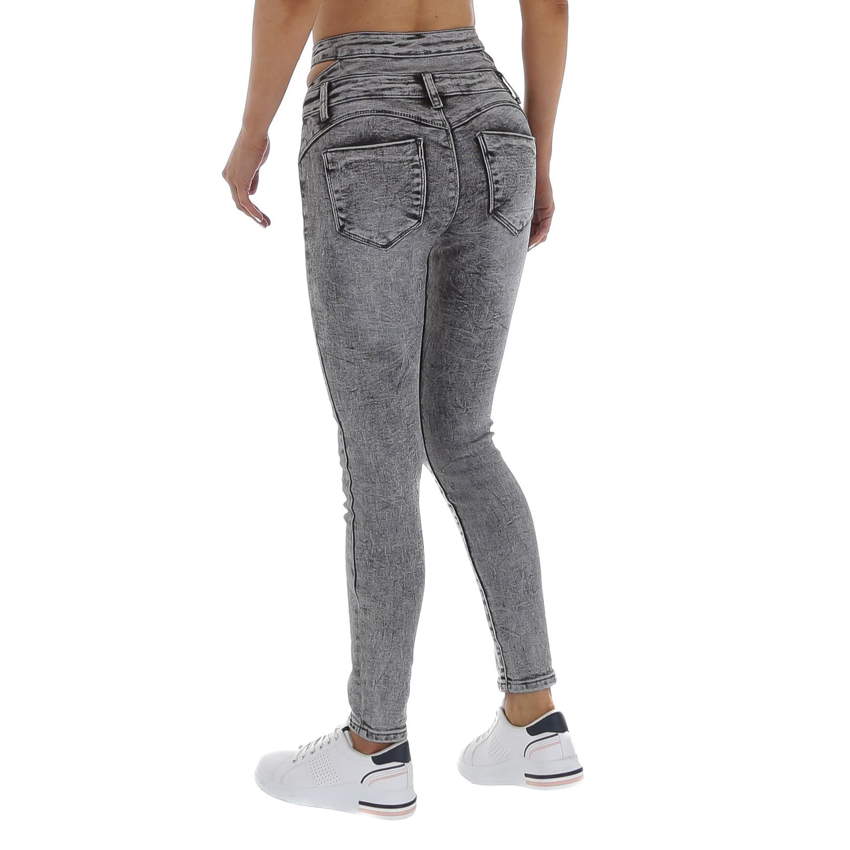 Damen Jeans Ital-Design High-waist-Jeans Damen Freizeit Used-Look Stretch High Waist Jeans in Grau