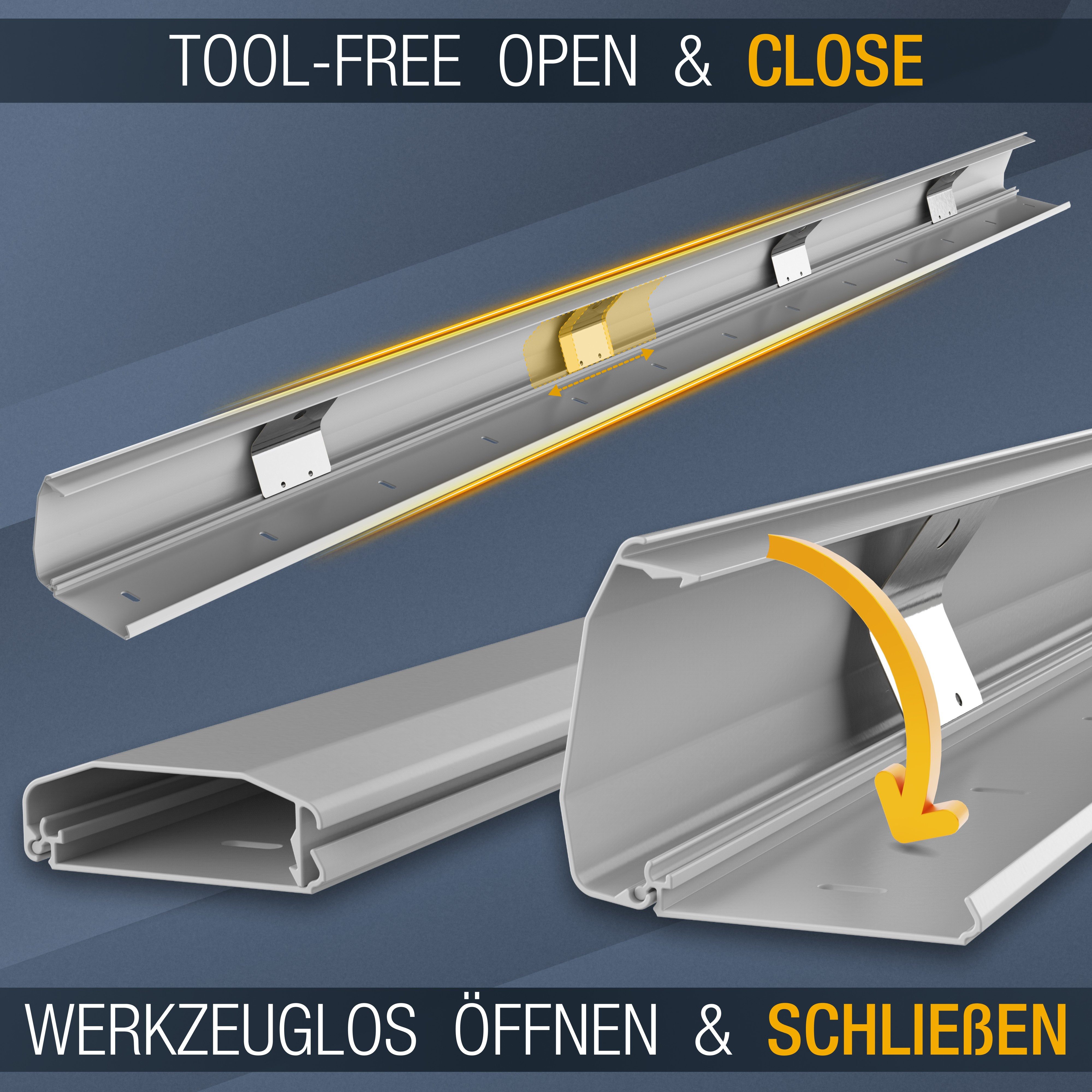 RICOO Kabelführung Kabelkanal Aluminium mit Klappmechanismus grau 110cm Z1110-G (1-St., ausklappbar Metall Kabelführung Alu Kabel Organizer flexibel kürzbar), Kabelklemme Kabelmanagement für Wand und Boden 1100 x 60 x 20mm