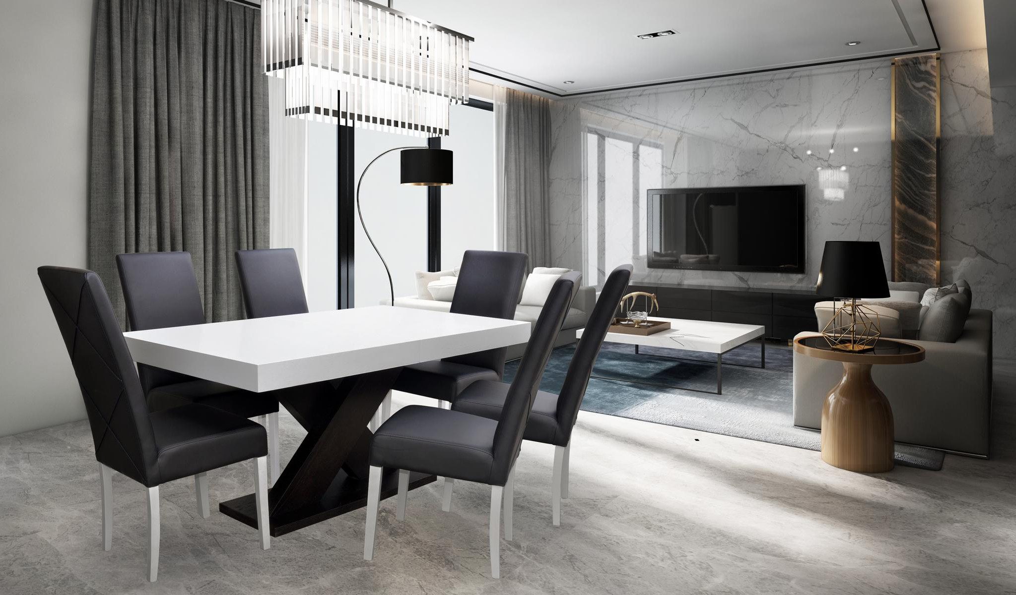 Xlmoebel Esszimmer-Set Elegante Essgruppe mit Vitrine und bequemen Stühlen in modernem Design, (7-St., 7tlg. Esszimmer Set (Esstisch + 6x Stühle), Hergestellt in Europa