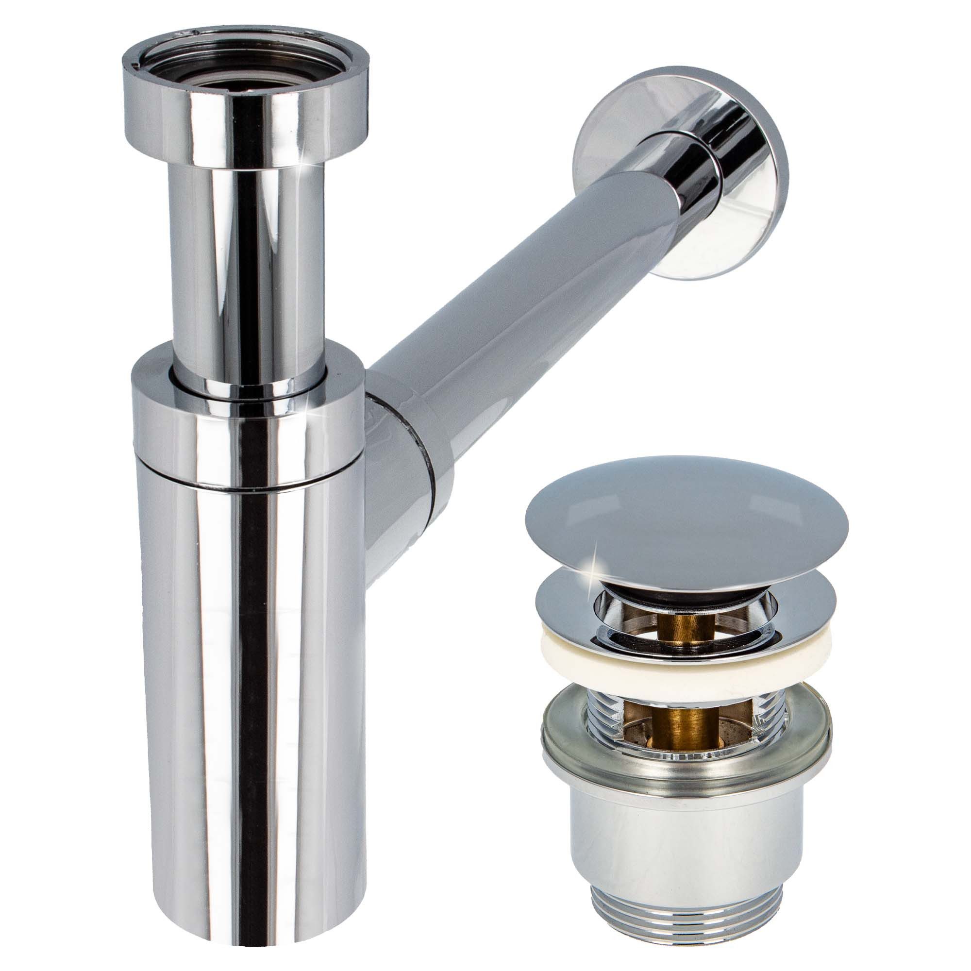 tecuro Siphon Siphon extra lang mit Pop Up Ablaufventil verchromt, (Ablaufventil und Flaschensiphon)