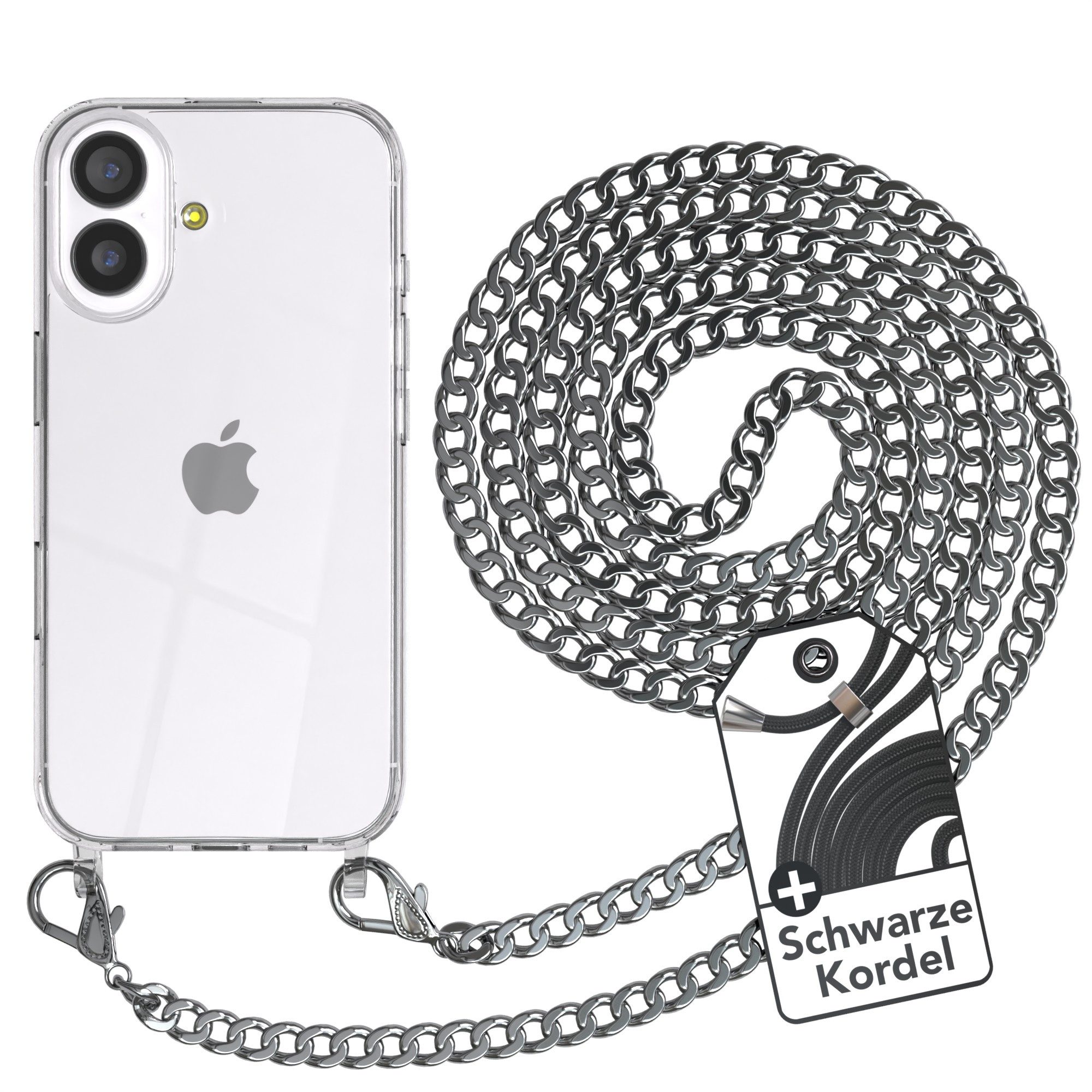EAZY CASE Handykette 2in1 Metallkette für Apple iPhone 17 6,3 Zoll, Hülle mit Kette Metallkette Slimcover Handykette Umhängetasche Silber