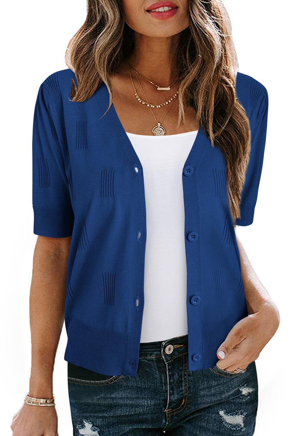 Arach&Cloz T-Shirt Damen Strickjacke kurzärmelig leicht V-Shirt für den Sommer Volltonfarbe Pullover Kurzarmhemd Geeignet Business Freizeit