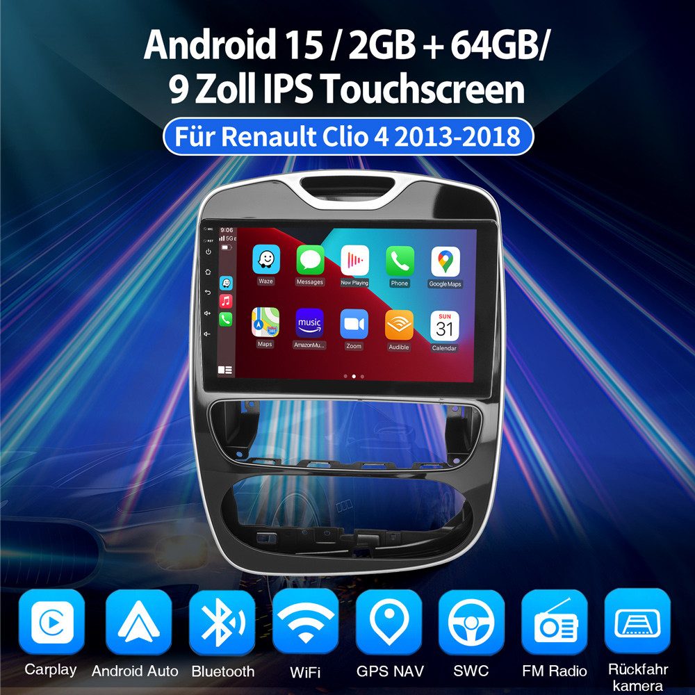 ESSGOO Für Renault Clio 4 2013-2018 Android 15 Autoradio Autoradio (Digitalradio (DAB), FM, Apple Carplay Android Auto GPS Navi WIFI BT SWC) – Bild 5 von 5