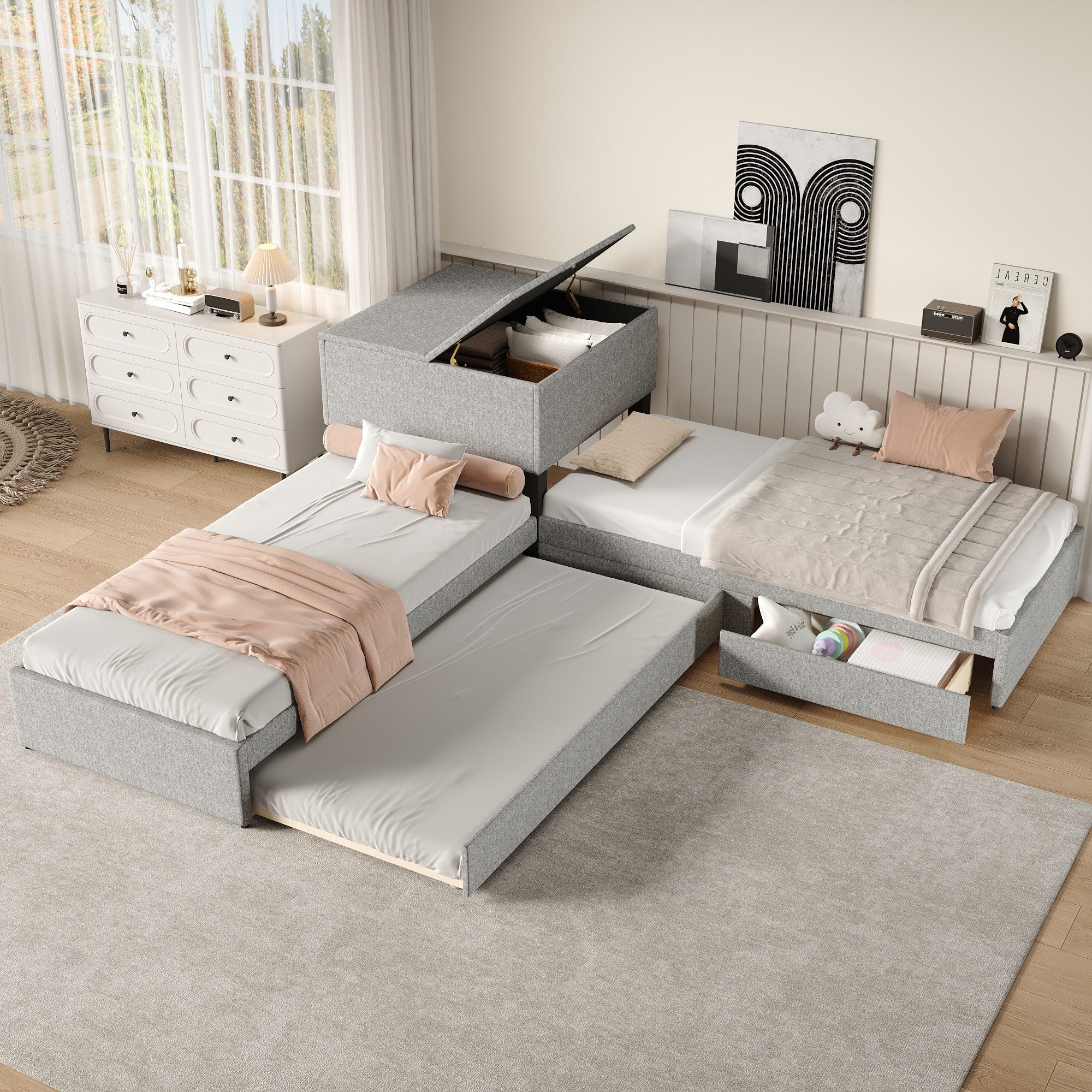 OKWISH Polsterbett zwei Einzelbett mit Ausziehbett günstig online kaufen