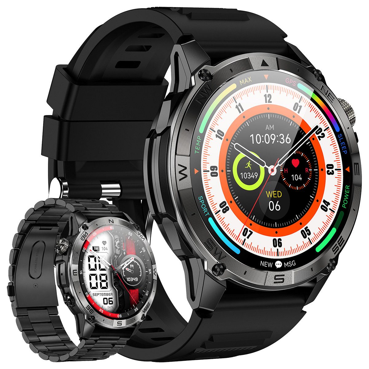 Vashoy Outdoor-Smartwatch mit 1,43" AMOLED & GPS,Barometer und Höhenmesser Smartwatch (390mm cm/1.43 Zoll, Android4.4/ISO1.0) Spar-Set, 3-tlg., IP68 wasserdicht, 160+ Sportmodi, Puls, Schlaf, Schritte,für Herren, Damen, Android/iOS