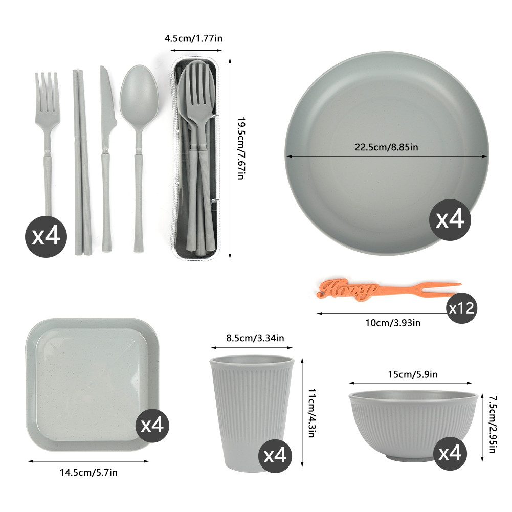 OSTWOLKE Geschirr-Set Kunststoff Geschirrset 44 Stück Camping Geschirr Set für 4 Personen, 4 Personen, Leicht und Unzerbrechlich