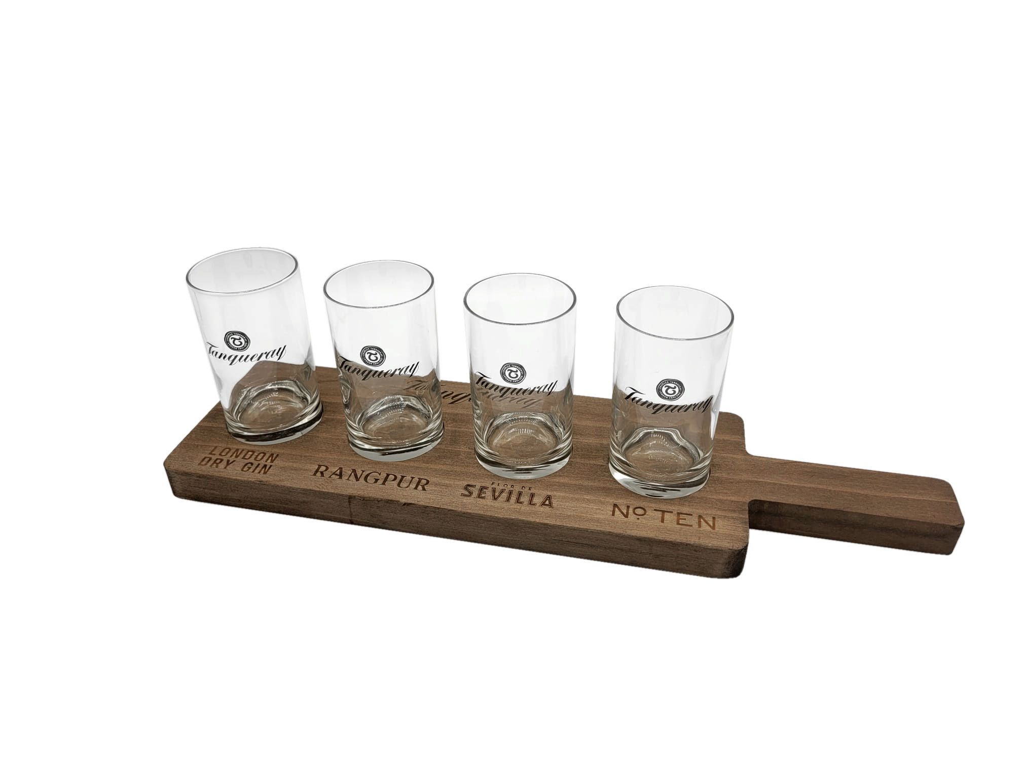 Servier-Set Tanqueray Tasting Tablett Echtholz Probier Brett mit 4 Gläsern