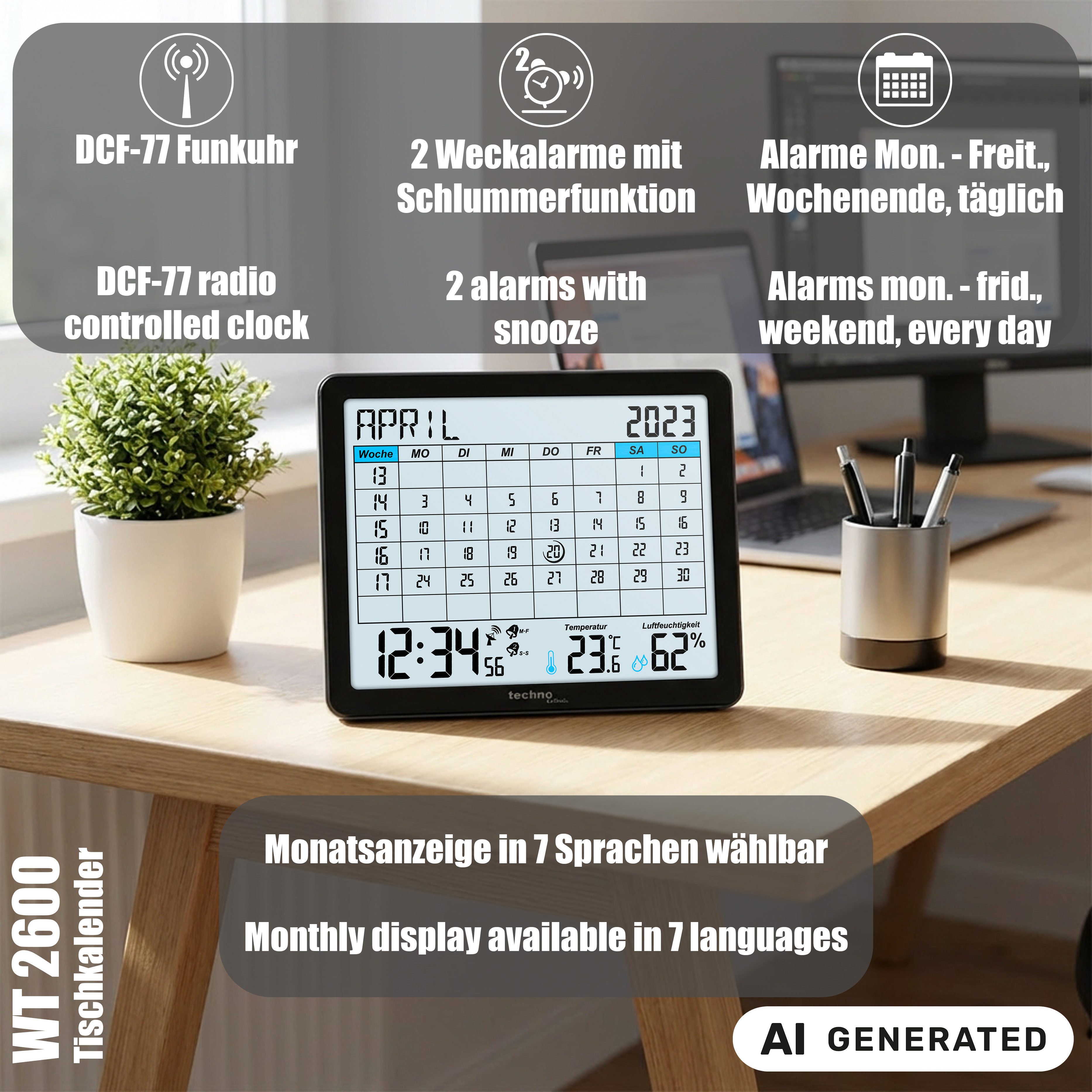 technoline Funkwecker WT 2600 DCF-77 Funkuhr mit Monatskalender, Thermometer, Hygrometer & 2 Alarmen