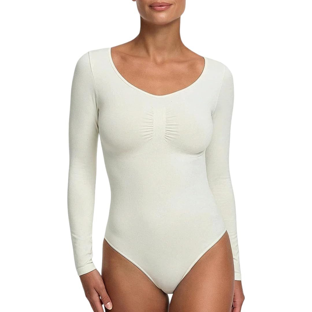 cfab by creamy fabrics Miederbody Bodysuit Sculpting Shapewear Longsleeve mit String-Light Grey-4XL (1-tlg) Figurformend