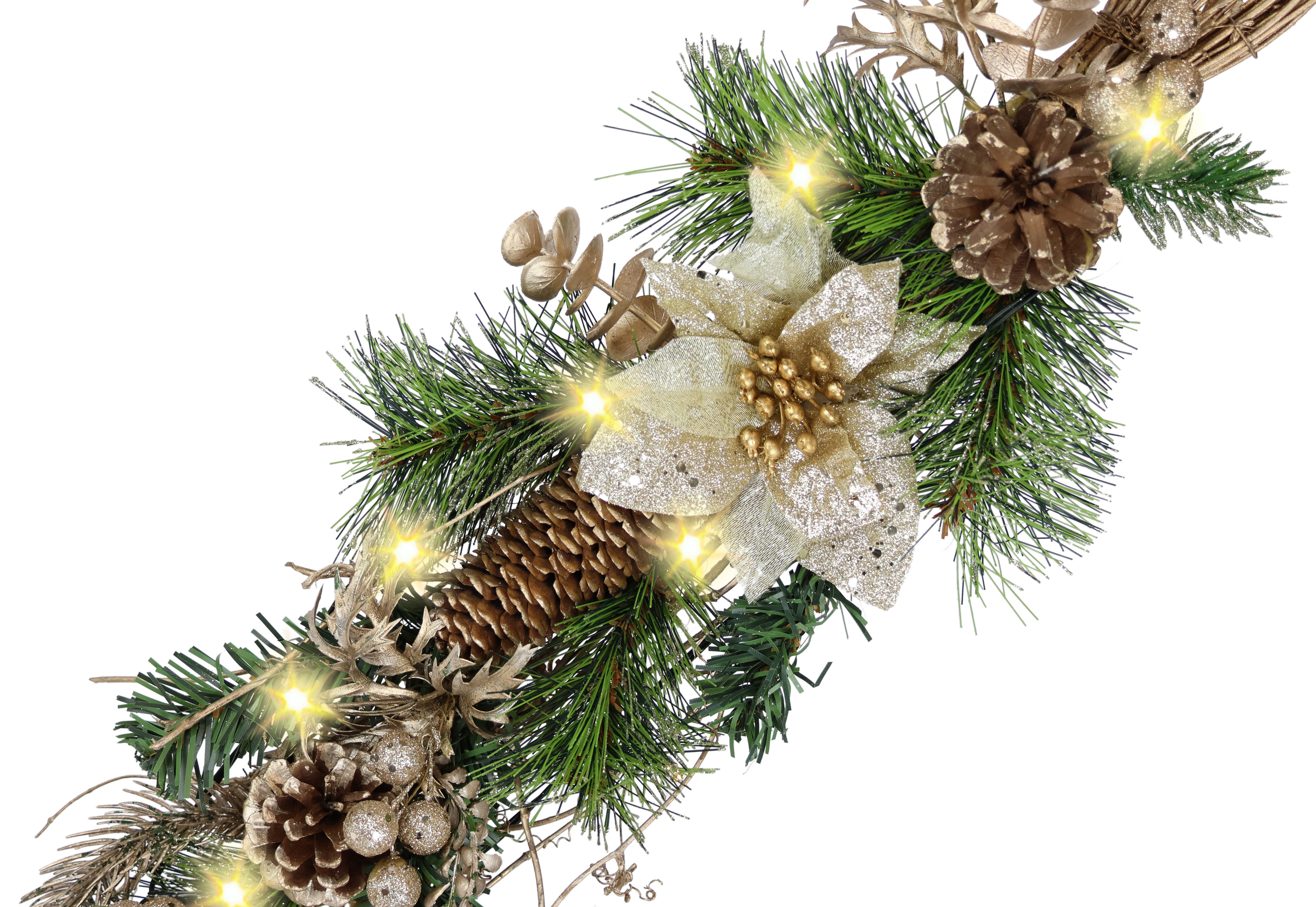 Kunstgirlande Weihnachtsgirlande dekoriert, mit LED-Licht Christstern, I.GE.A., Höhe 52 cm, Mit Poinsettia Zapfen Beeren Tanne Dekozweige Kunstgirlande Kranz – Bild 4 von 4