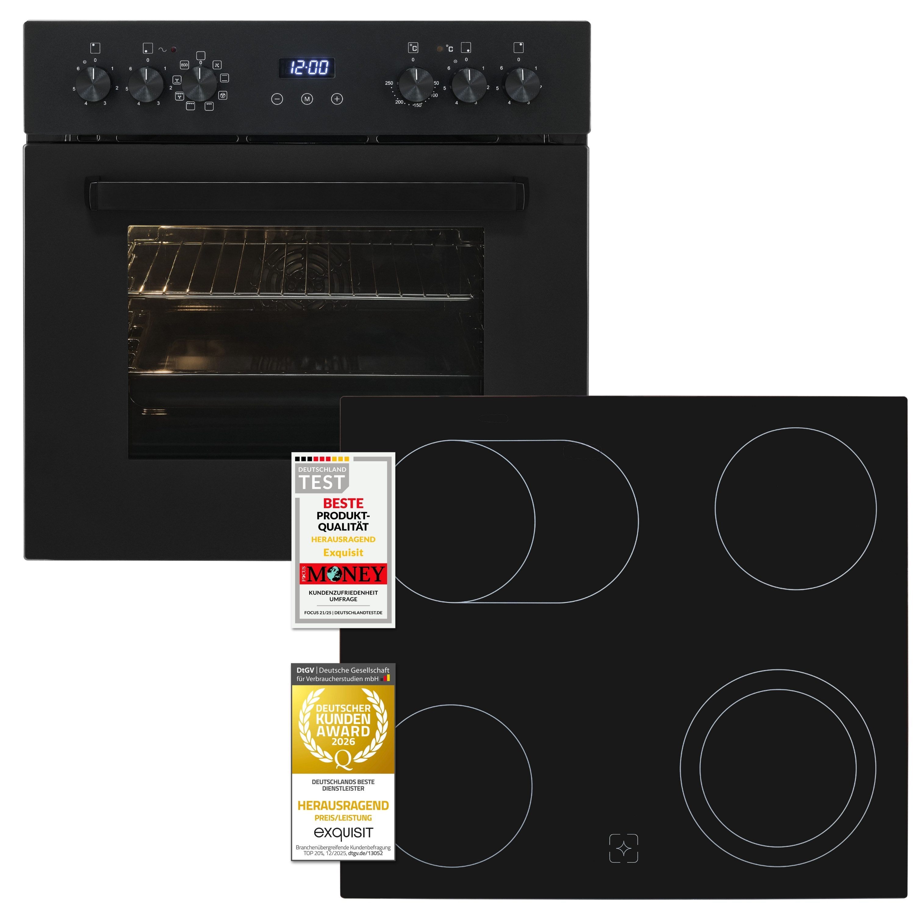 exquisit Backofen-Set EHE367-HBZ-120 Set mattschwarz, Vielseitiger Grill und 4-Zonen-Glaskeramikkochfeld – einfach & sicher!