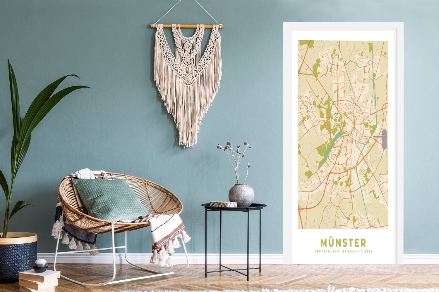 - bedruckt, Türtapete Matt, 75x205 Stadtplan Karte Karte, St), Fototapete Vintage - MuchoWow Münster für (1 - cm Tür, Türaufkleber, -