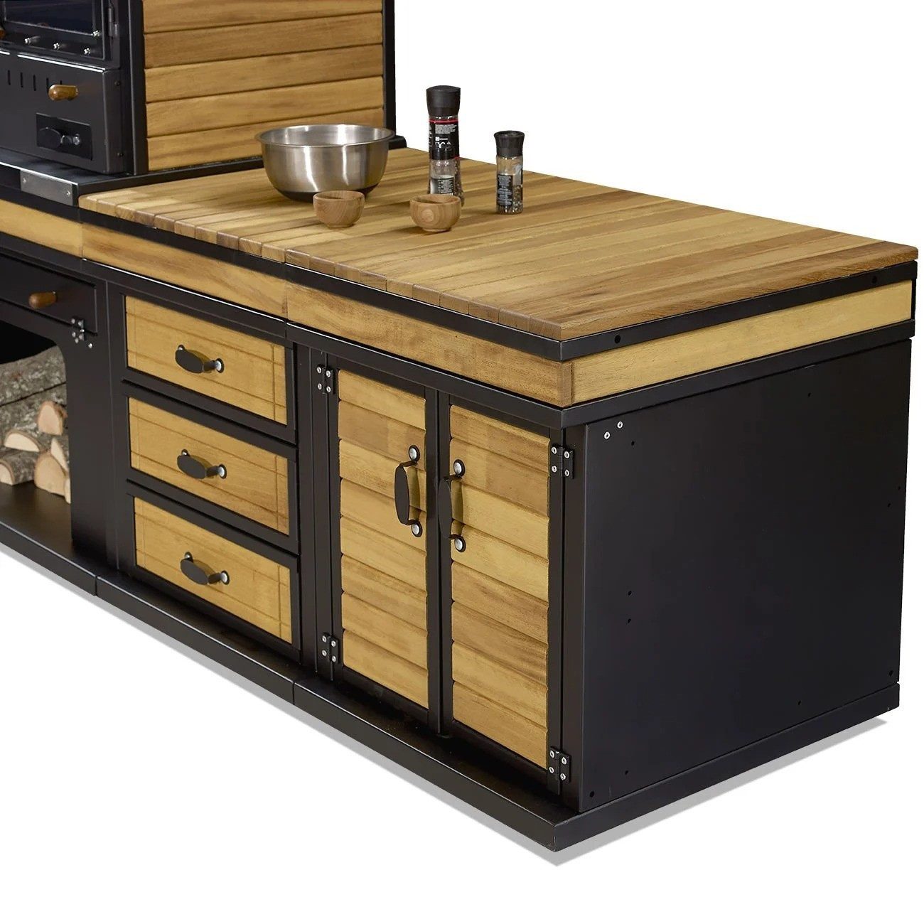 JVmoebel Outdoor-Küche Edelstahl-Holzküche in Schwarz mit großzügiger Arbeitsfläche, Made in Europe