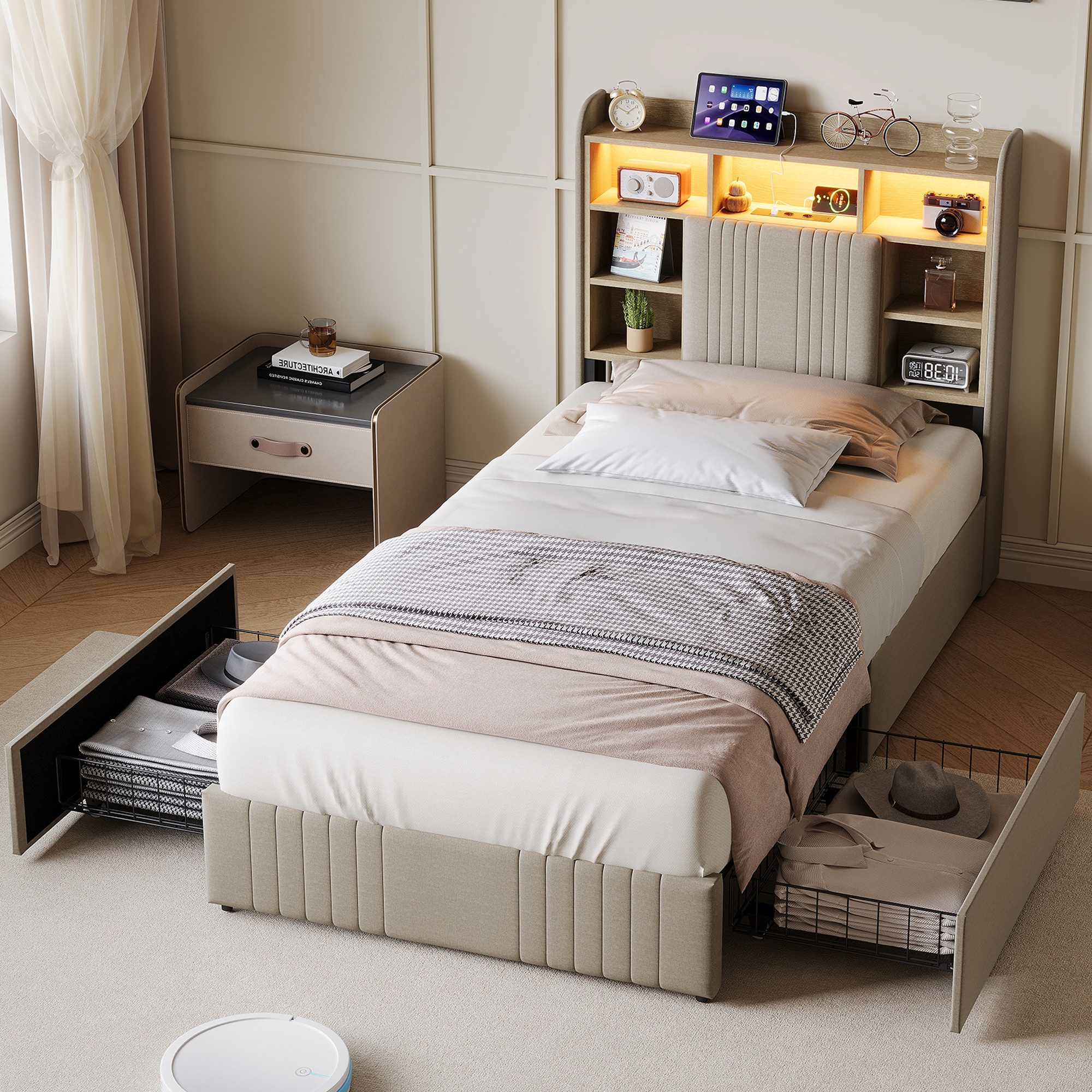 ADWOLT Polsterbett Doppelbett Stauraumbett Mit Stauraum (Packung), 90x200 cm,2 Schubladen,LED-Licht und USB + Typ-C,Leinenstoff-Beige