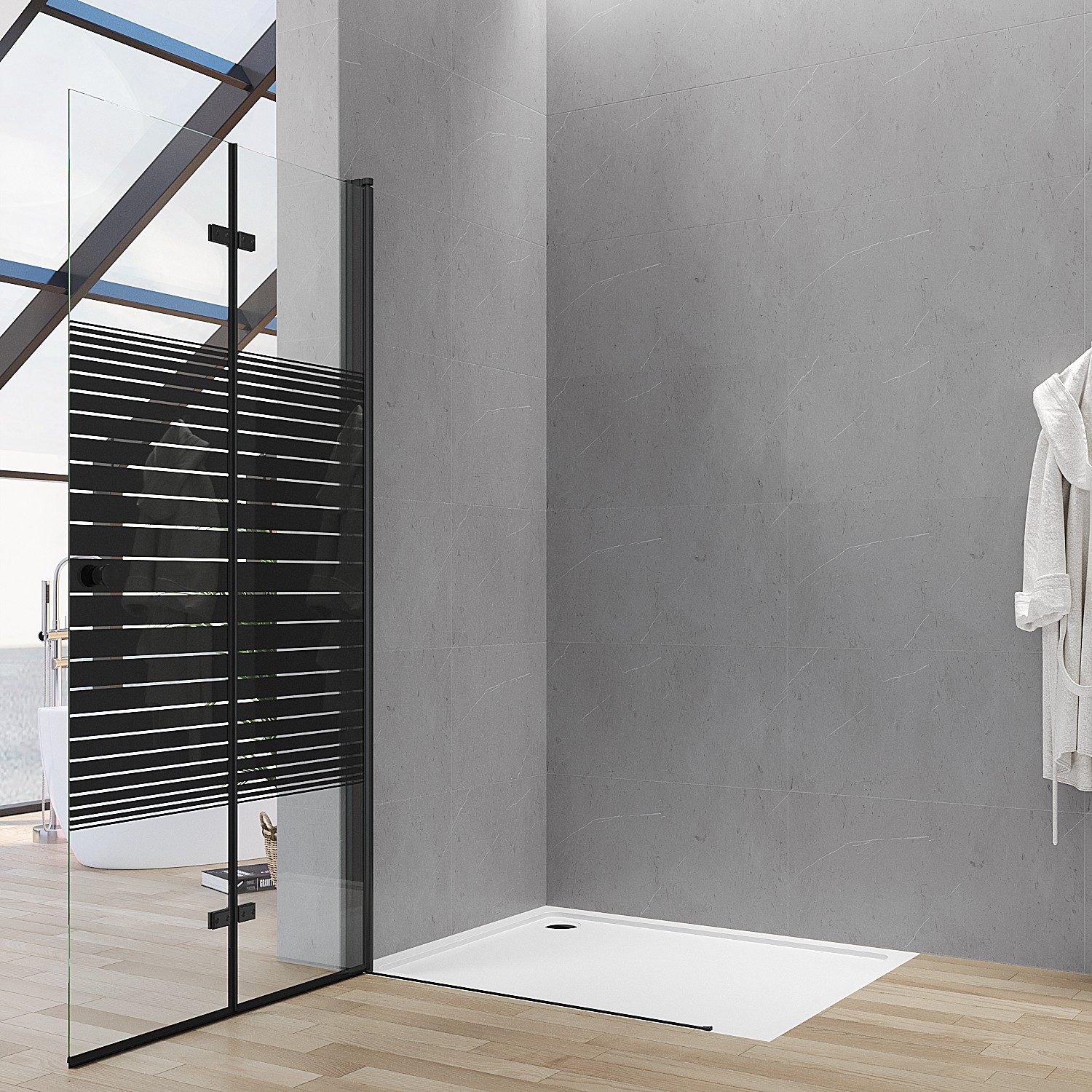 AQUALAVOS Walk-in-Dusche Duschwand mit klappbarem Faltelement aus 5mm ESG Schwarz Streifendekor, 5mm ESG, 15 mm Wandausgleich Heb-/Senk-Funktion Aluminiumrahmen Runder Griff
