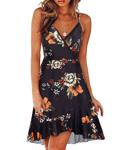 B.X Sommerkleid Sommer sexy,rückenfrei Verstellbaren Spaghettiträger Rüschen Kleider Damen Sommerkleider Blumenmuster Kleid V-Ausschnitt Strandkleid