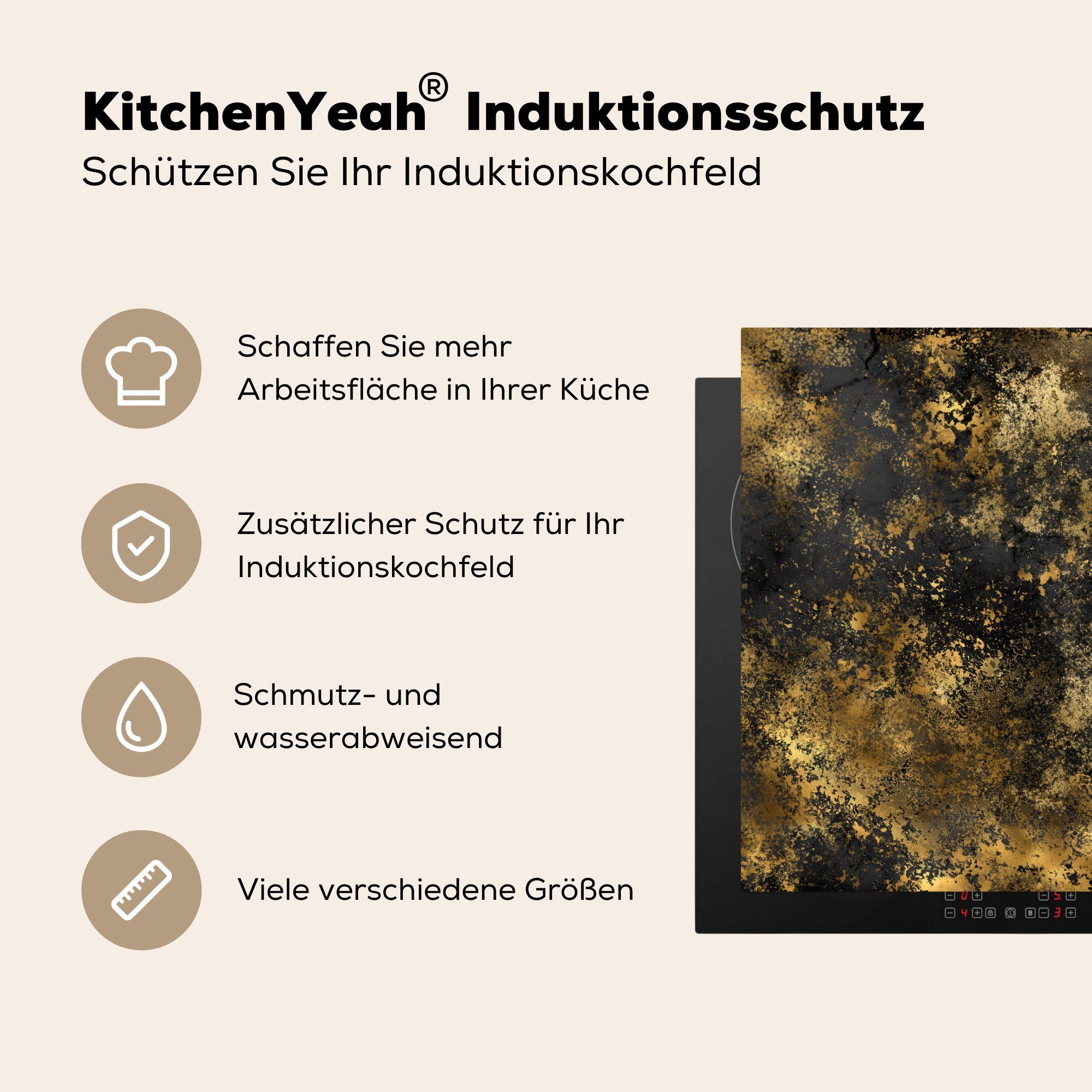 MuchoWow Herdblende-/Abdeckplatte Gold - tlg), Abstrakt - Arbeitsplatte für 78x78 Ceranfeldabdeckung, cm, Luxus, küche Schwarz - (1 Vinyl