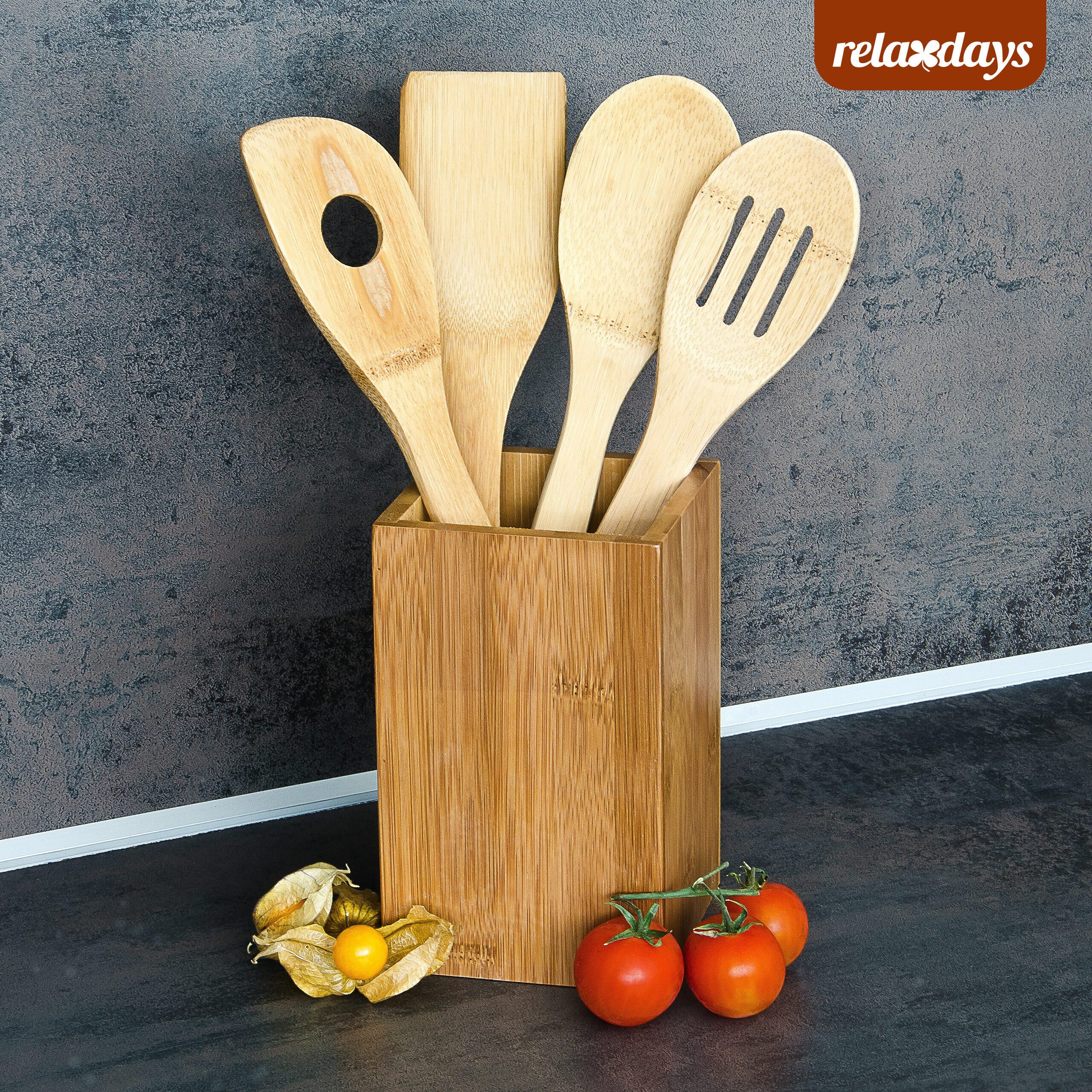 relaxdays Kochbesteck-Set Kochlöffelset Bambus im Halter 5-tlg. (5-tlg) – Bild 2 von 5