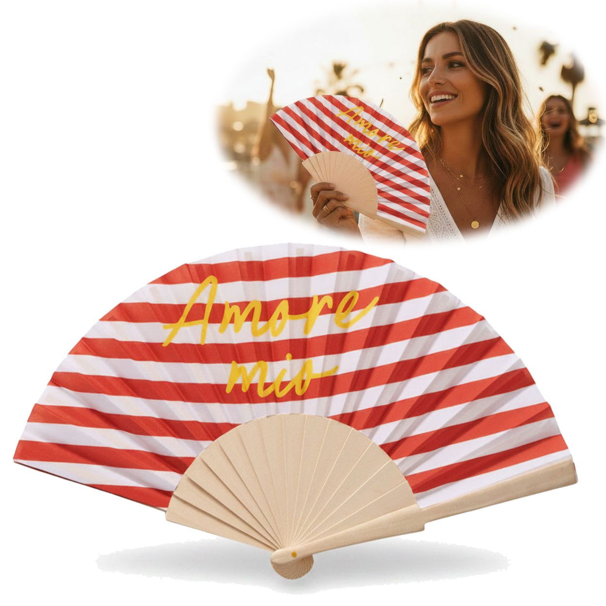 LS-LebenStil Handfächer Holz Stoff Fächer "Amore Mio" Rot Weiß Gelb faltbar Faltfächer, (hochwertig aus Holz mit Stoff und coolem lustigem Spruch, 1-tlg., Styliche Abkühlung), für Geburtstag, Hochzeit, Party oder als Wand Dekoration