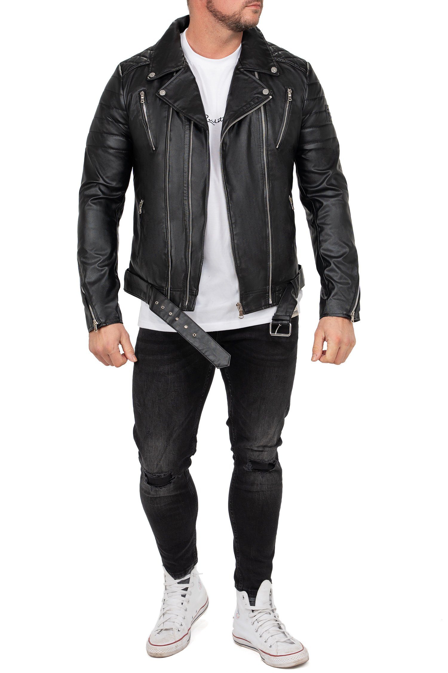 Reichstadt Bikerjacke Biker Style Kunstleder Jacke RS003 Schwarz Silver Zipper mit Gürtel und Steppmustern