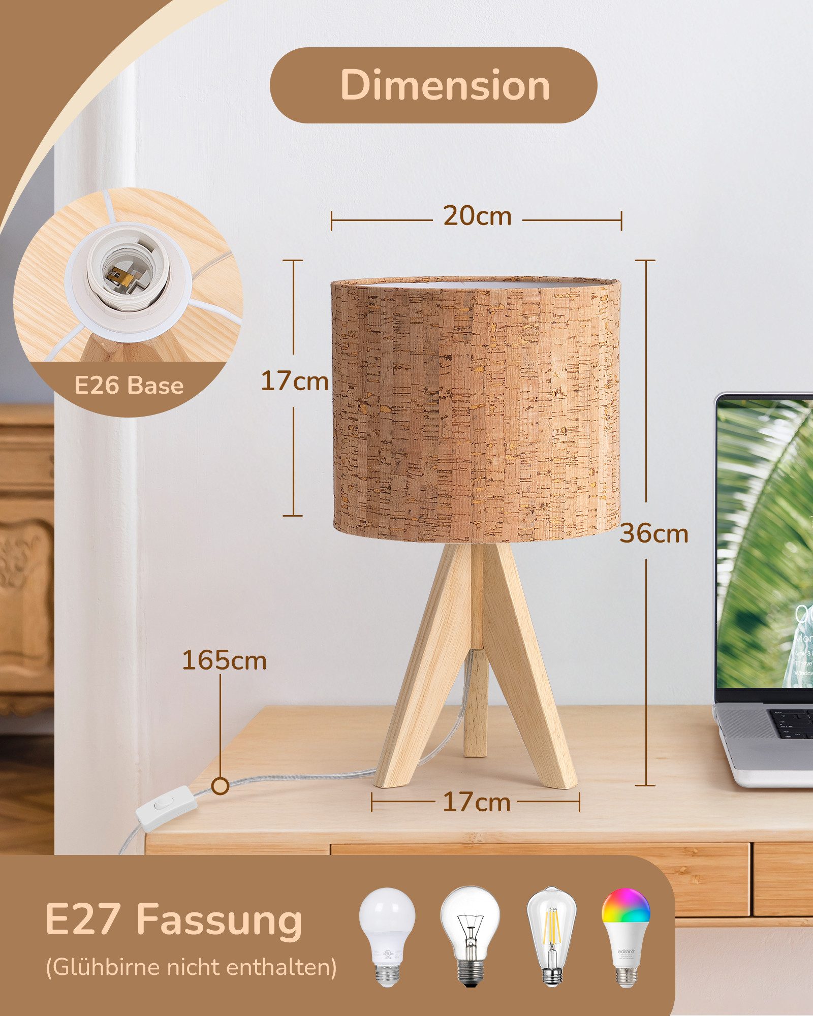EDISHINE Nachttischlampe Vintage Tischlampe Holz mit Stoffschirm, inkl. Leuchtmittel, LED wechselbar, Warmweiß, Lampenschirm aus Leinen, für Deko, Schlafzimmer, Wohnzimmer