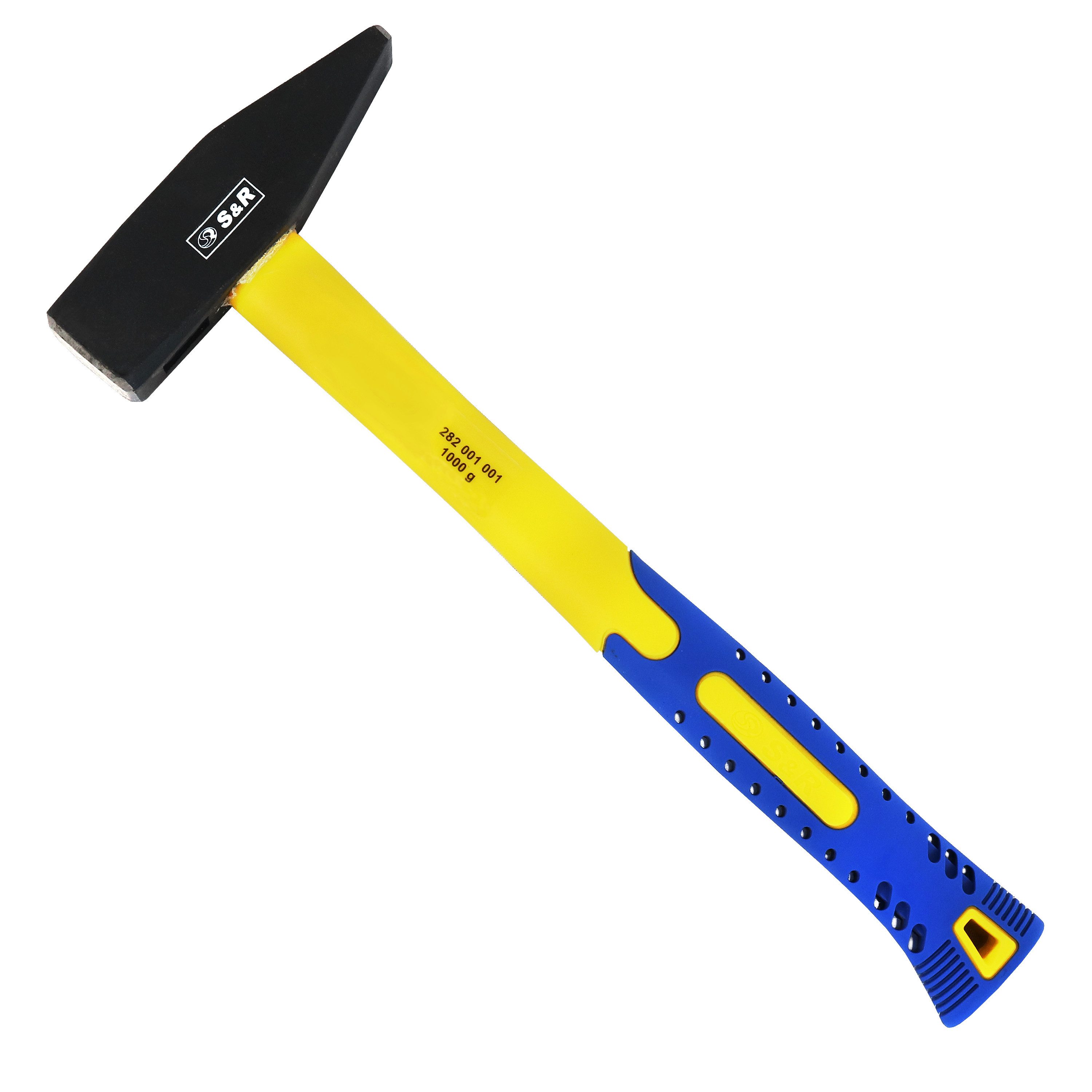 S&R Hammer Schlosserhammer 1000 g Kopf, doppelt geschweifter rutschfester Stiel (1-St), aus robustem Fiberglas, stoßdämpfend und handschonend