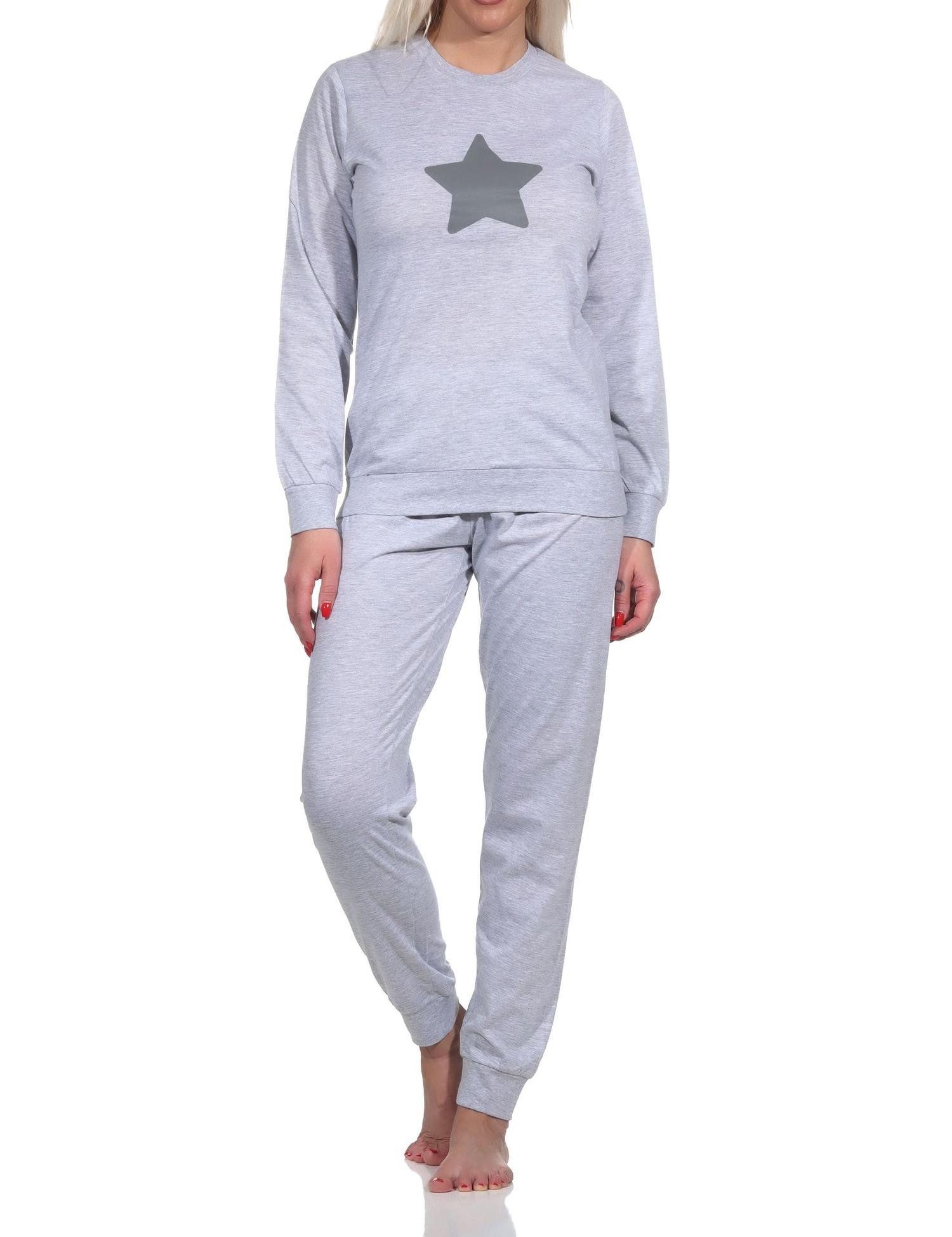 Pyjama Lässiger Damen langarm Schlafanzug mit Bündchen und Stern Motiv