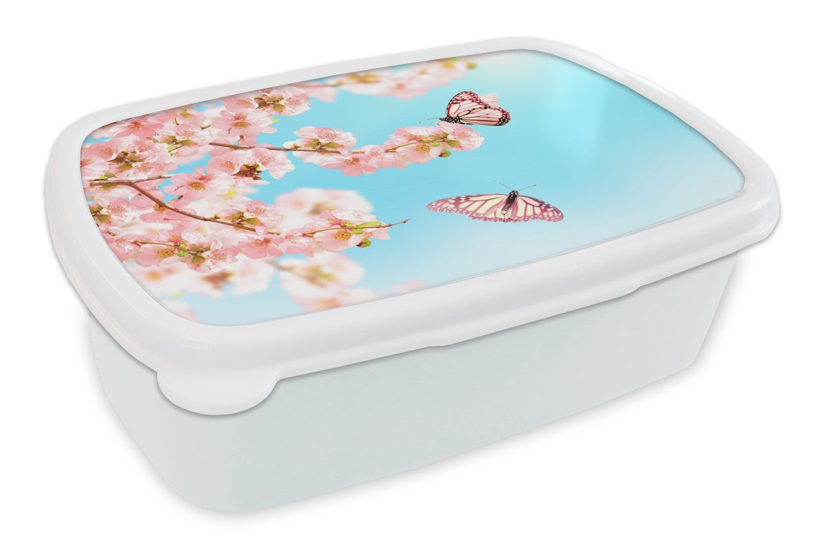 MuchoWow Lunchbox Schmetterlinge - Baum - Blumen, Kunststoff, (2-tlg), Brotbox für Kinder und Erwachsene, Brotdose, für Jungs und Mädchen weiß