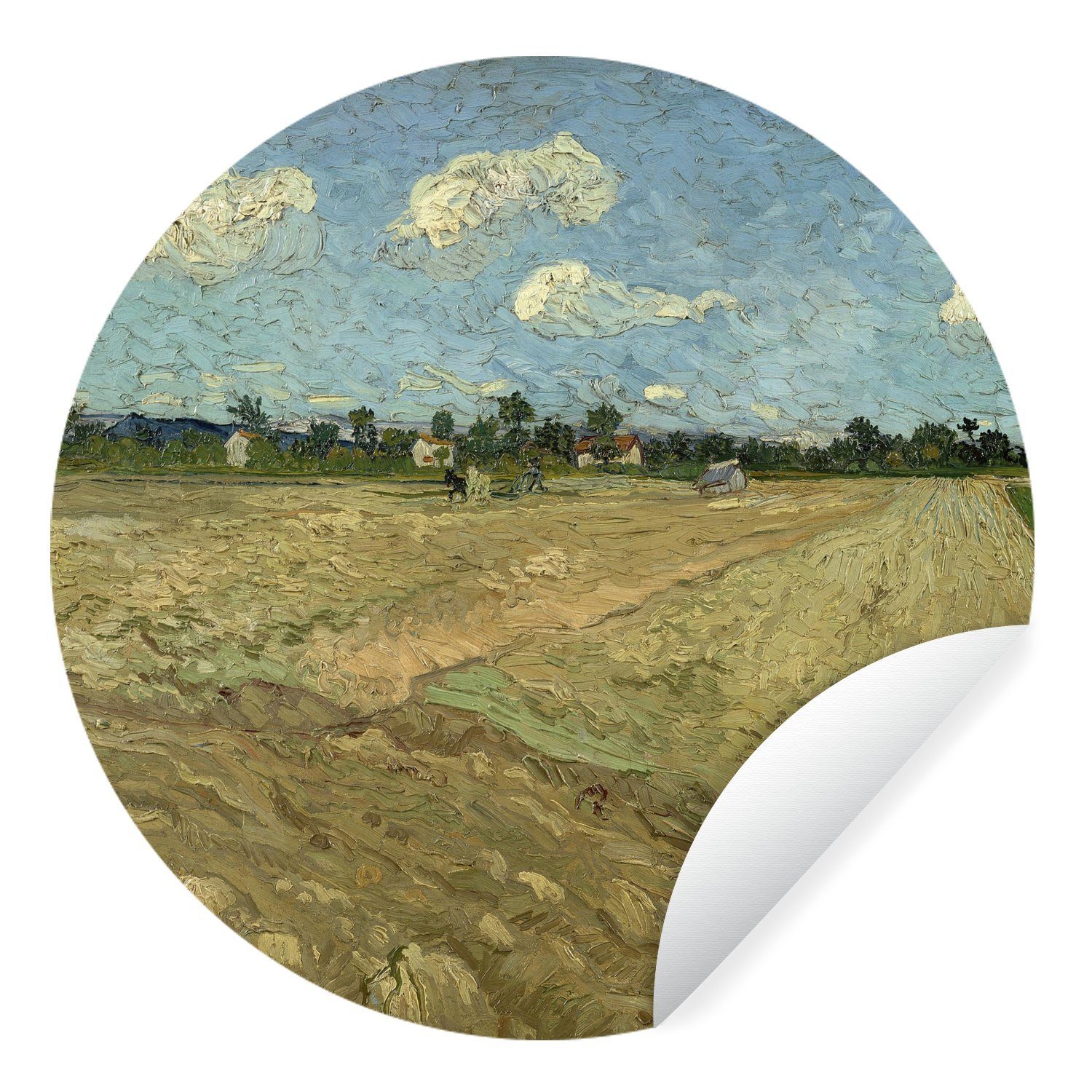 MuchoWow Wandsticker Gepflügte Felder - Gemälde von Vincent van Gogh (1 St), Tapetenkreis für Kinderzimmer, Tapetenaufkleber, Rund, Wohnzimmer