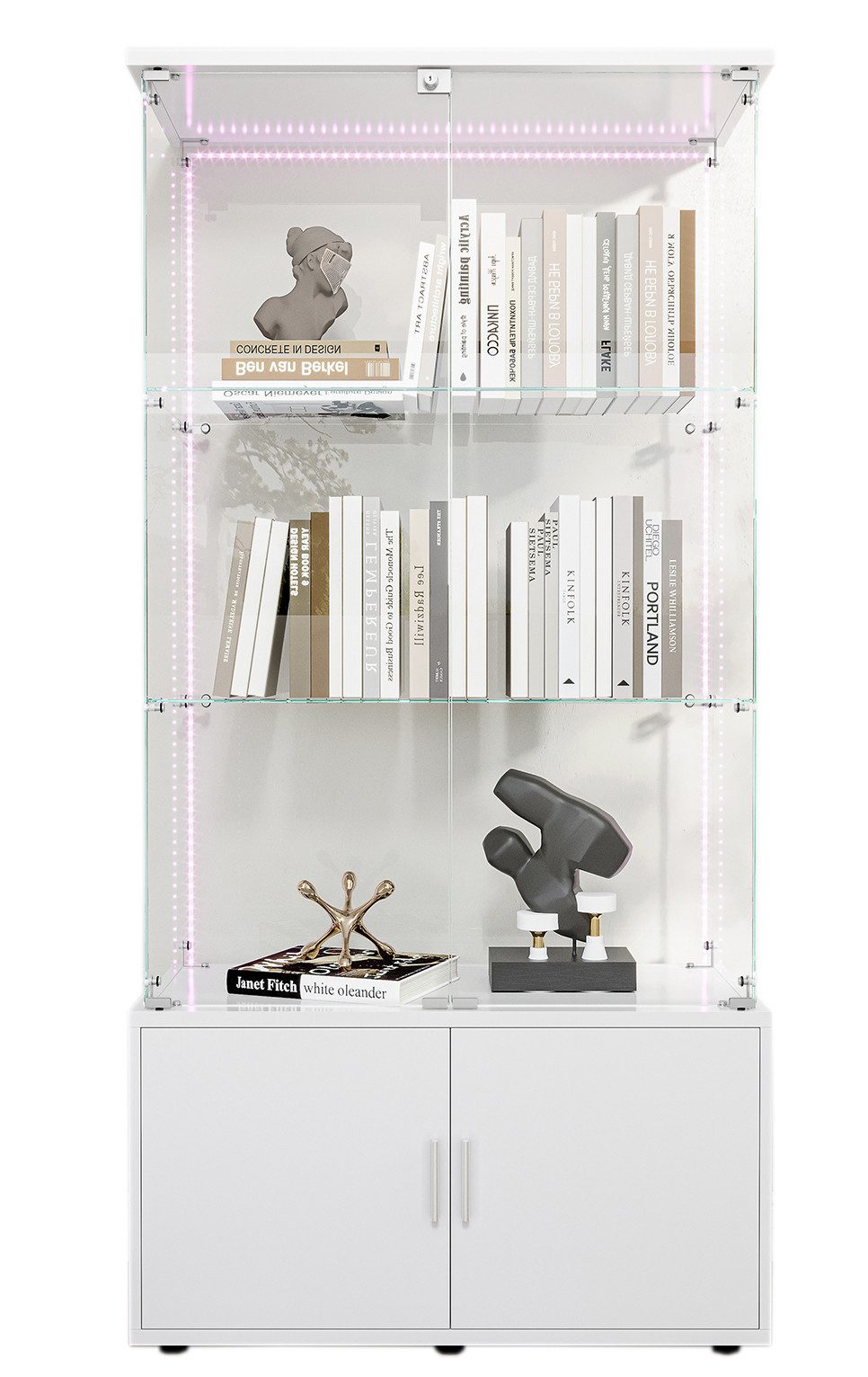 FUROKOY Glasvitrine Standvitrinen mit Kabinett, Vitrine (Vitrinenschrank mit 2 Glastür und Lichtleiste für Sammler, Bücher) 3 Lagen Sammlervitrine, 78.5 x 35 x 164 cm, Weiß