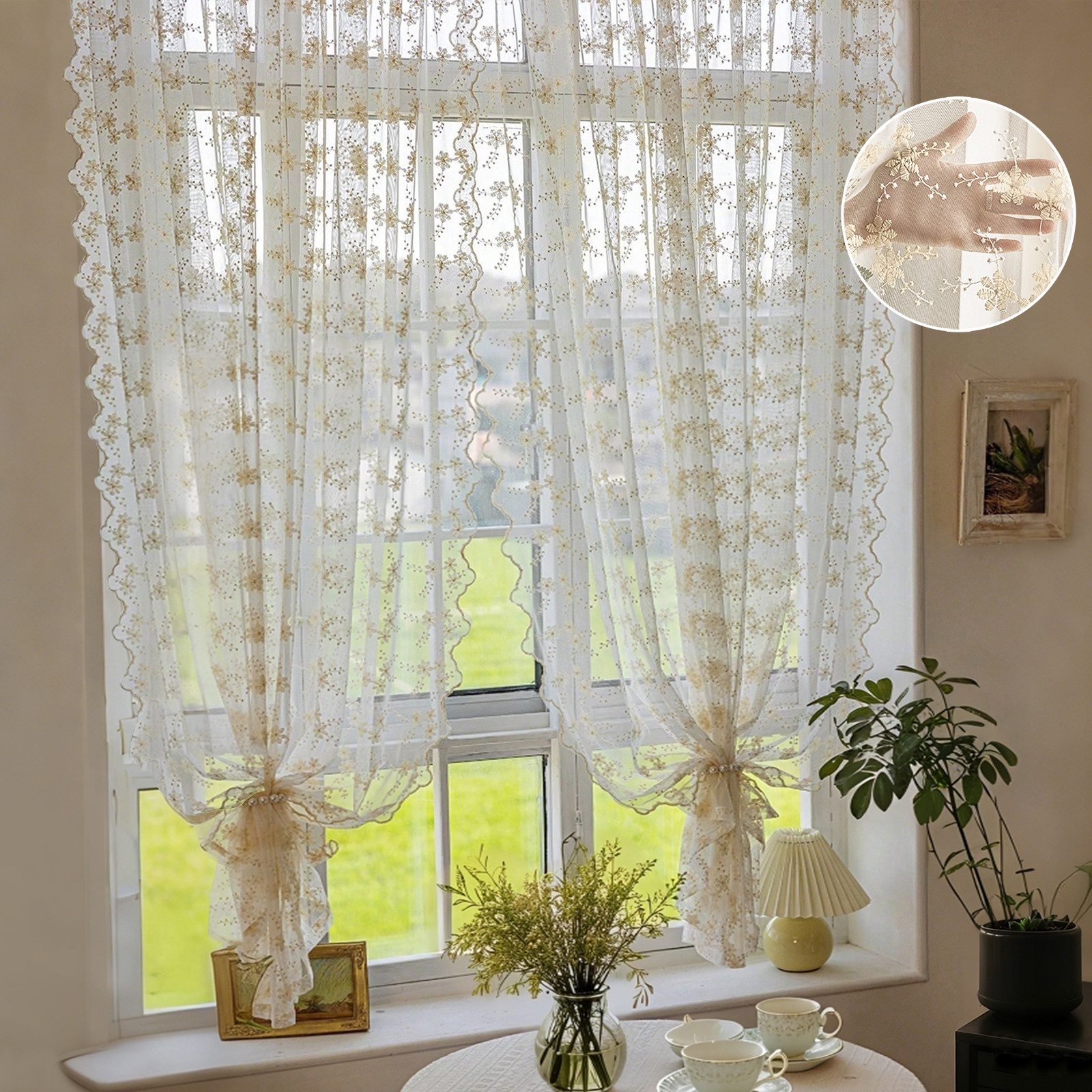 LMaxhome Vorhang Transparent 2er Set, Voile Vorhänge mit Blumen Stickerei, Weiß, Vintage Gardine lichtfilternd mit Stangentasche für Wohnraum & Büro