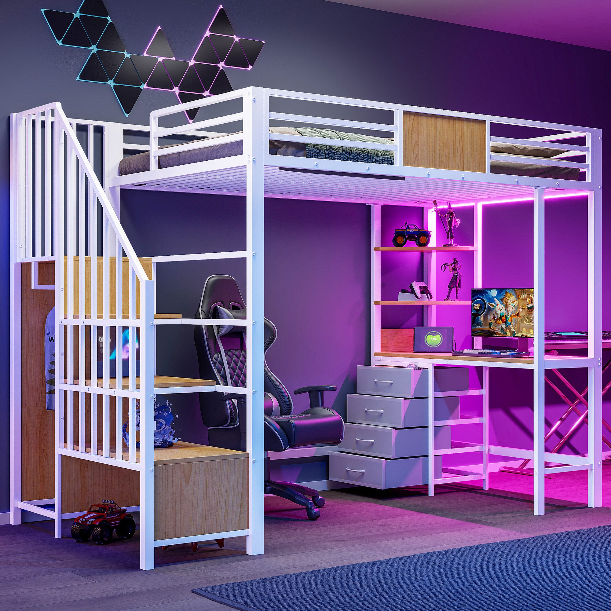 Flieks Hochbett Metallbett 90x200cm mit Schreibtisch Stauraumtreppe LED und Aufladen