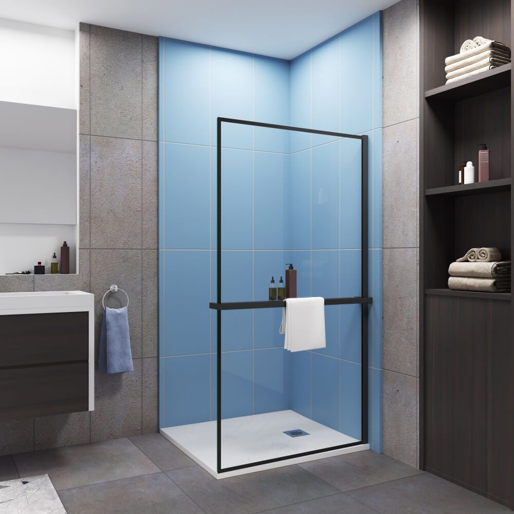 Duschparadies Walk-in-Dusche H:200cm 8mm ESG mit Handtuchhalter schwarz Duschabtrennung, Einscheibensicherheitsglas