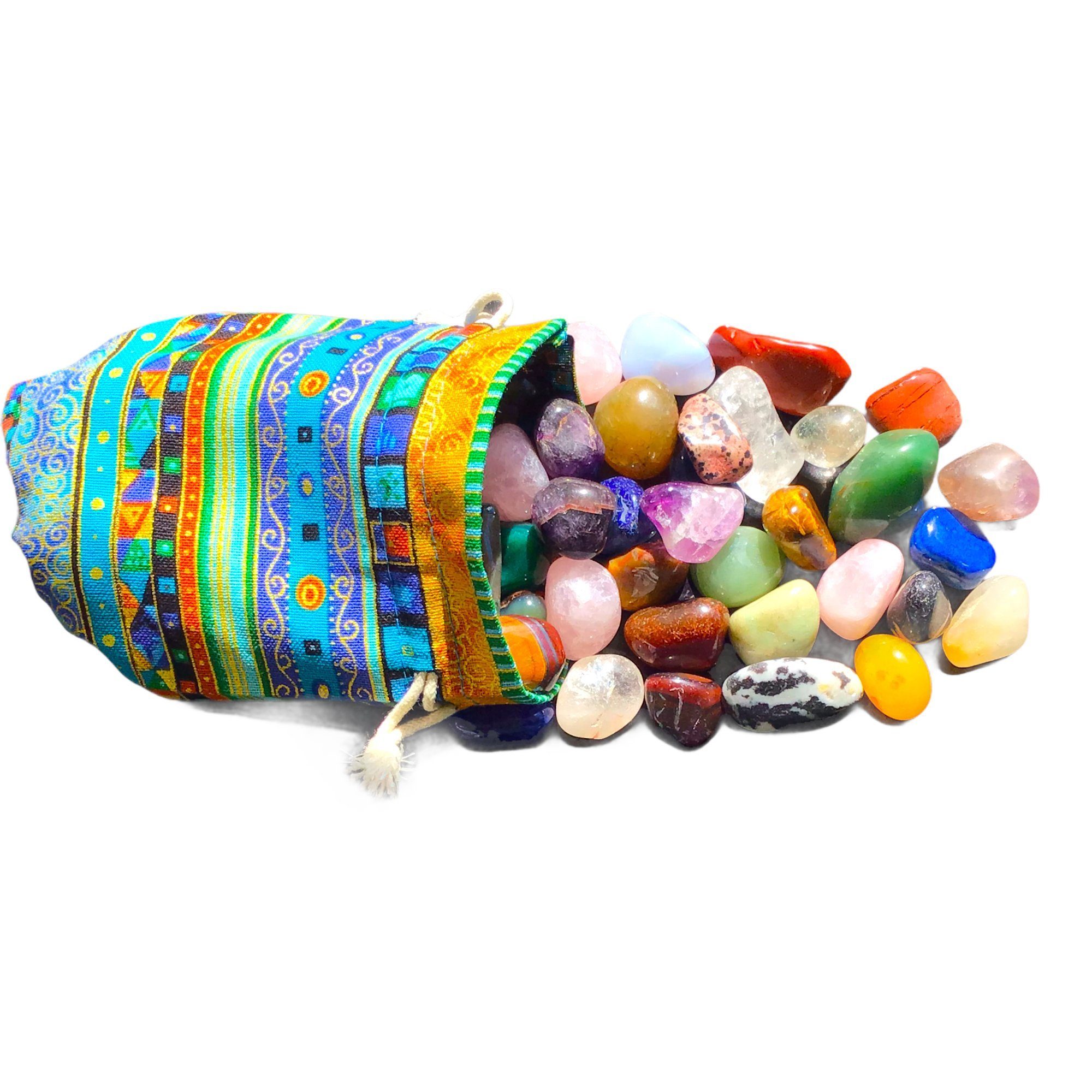 Steinfixx® Edelstein Edelsteine und Halbedelsteine in buntem Stoffsäckchen Größe M / L / J, (getrommelt AAA-Qualität, Säckchen gefüllt mit bunten Trommelsteinen), Schatzsuchen, Steinchenspiele und dekorative Anwendungen