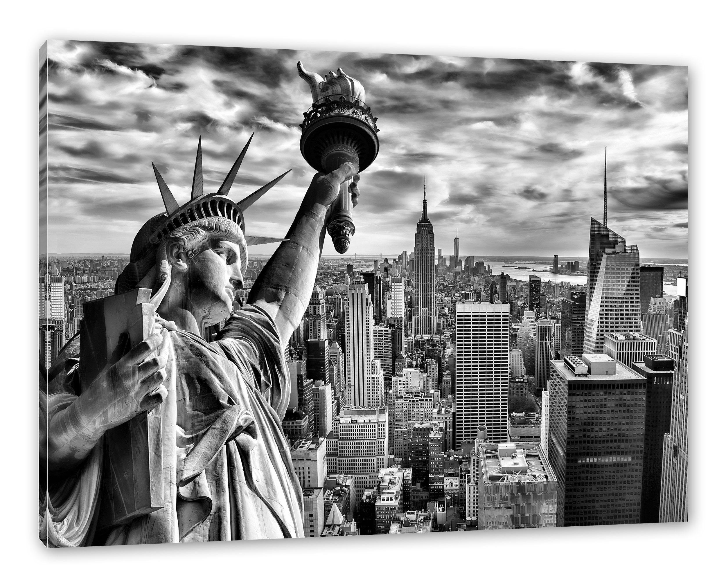 York fertig New York, St), Zackenaufhänger Leinwandbild bespannt, New inkl. in (1 Pixxprint Freiheitsstatue in Freiheitsstatue Leinwandbild