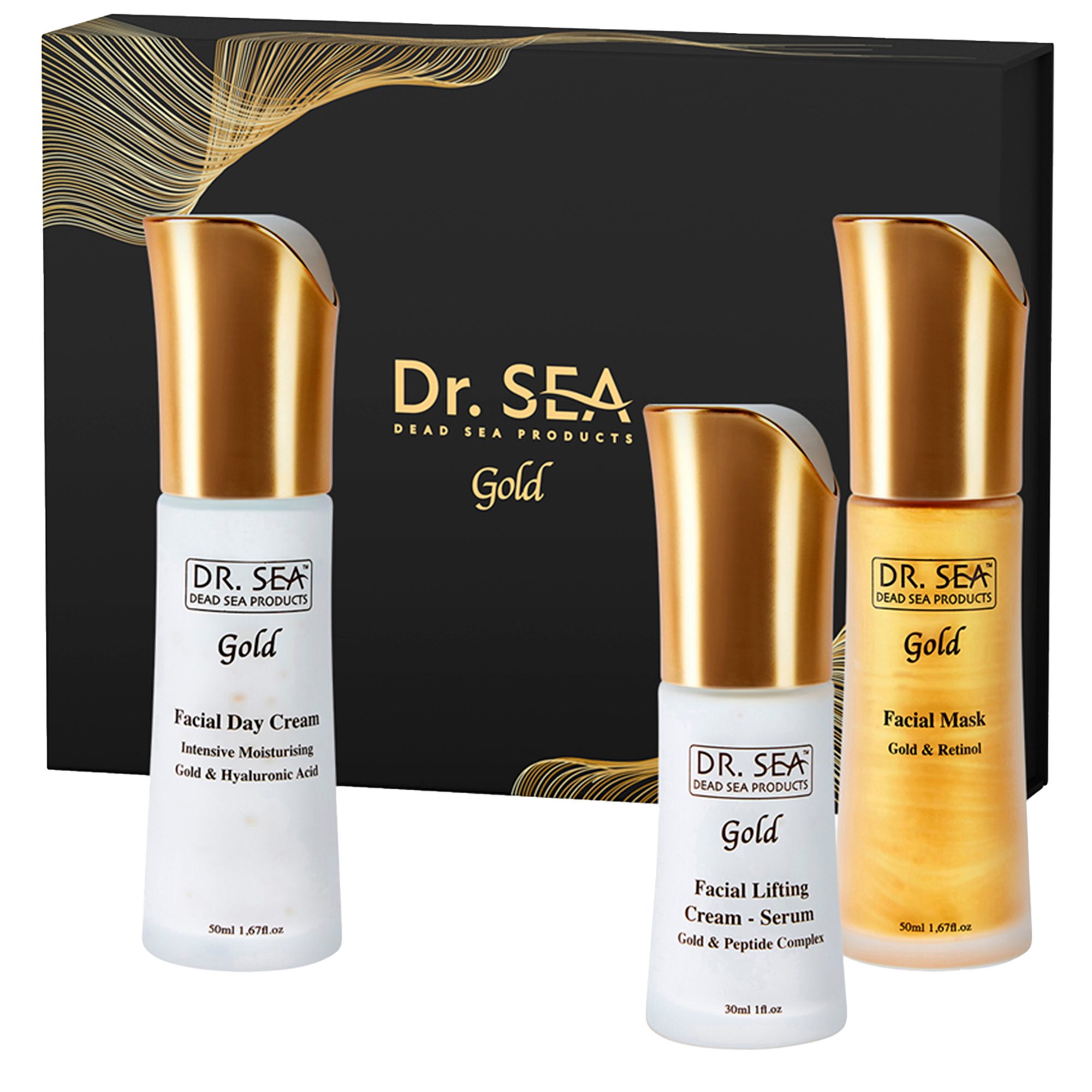 DR. SEA Pflege-Geschenkset 3er Set Gold Lift und Recover, Als Geschenkset mit Tagescreme, Serum und Gold-Maske