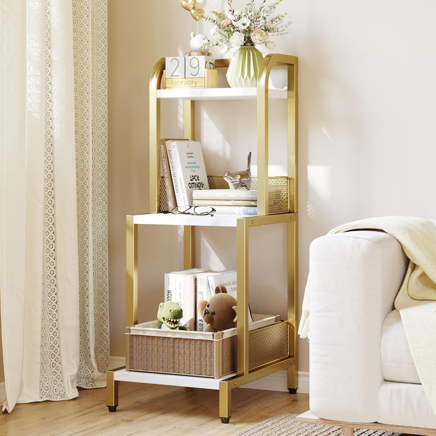 GarveeMore Standregal Eckregal mit verstellbaren Füße, Kippschutz, Böden mit Marmormuster, 2-tlg., 3 Ebenen, trapezförmig, gold+Weiß, für Wohnzimmer, Küche, Bad, Balkon