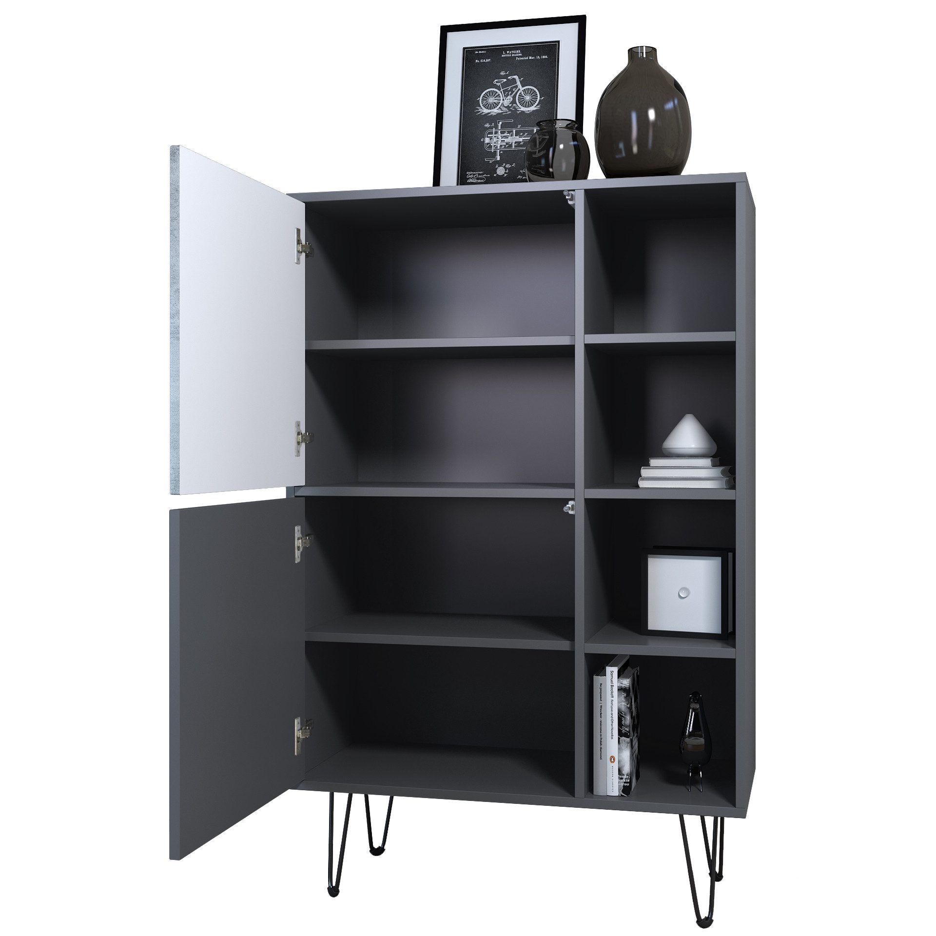 Vladon Sideboard Havana V1 (Schrank mit 2 Türen und 4 offene Fächer, Kommode Made in Germany), Anthrazit matt / Anthrazit matt (124 x 79 x 35 cm)
