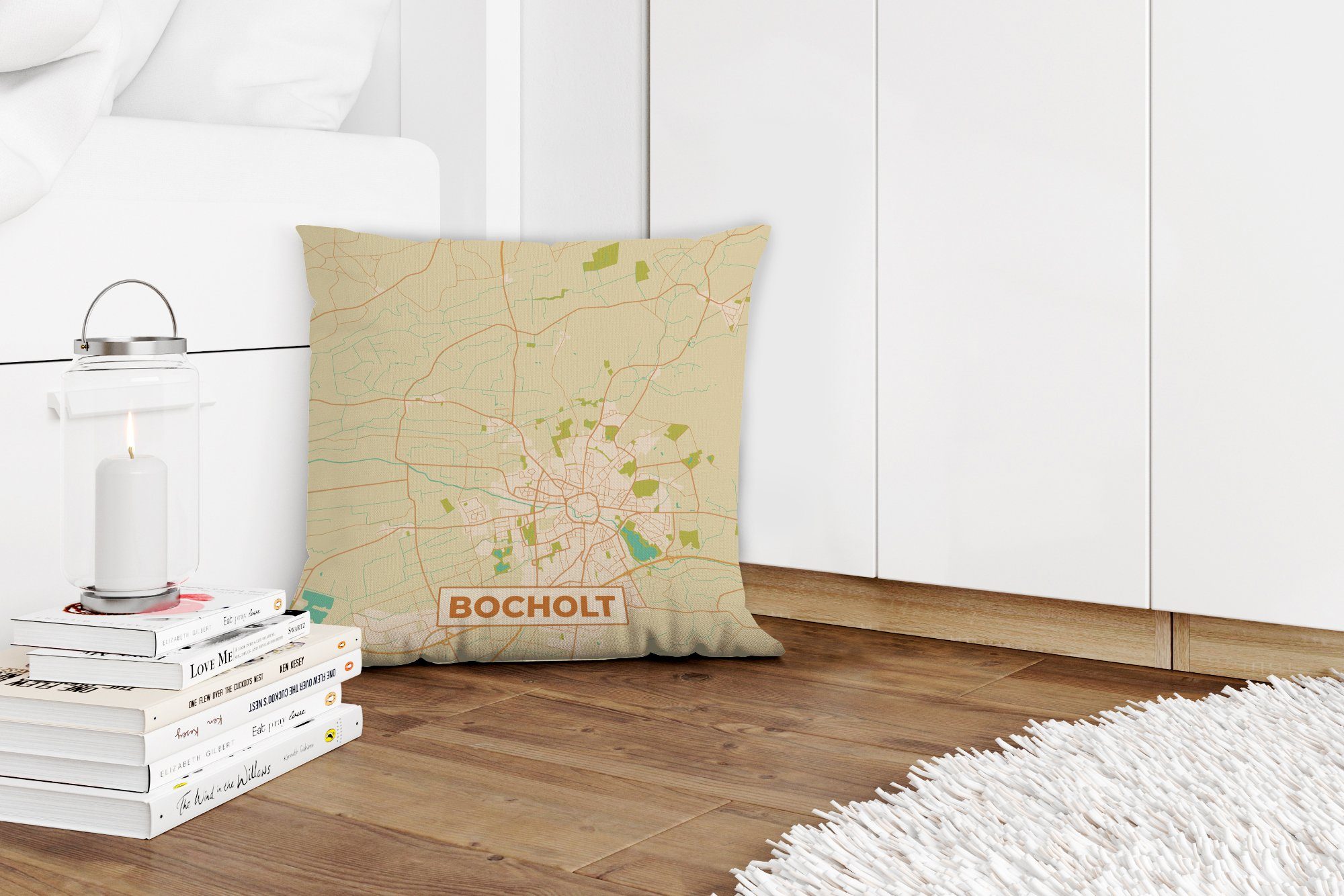 Schlafzimmer, Vintage - Deko, mit Karte MuchoWow Karte, - Zierkissen Stadtplan Sofakissen für Bocholt Füllung - - Wohzimmer, Dekokissen
