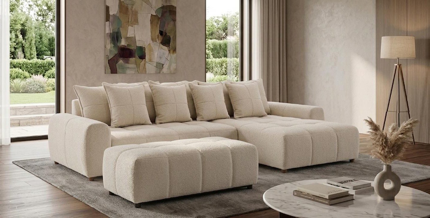 Xlmoebel Ecksofa Beiges Stoffecksofa mit Hocker und Kissen für modernes Wohnzimmer, 1 Teile, Made in Europa