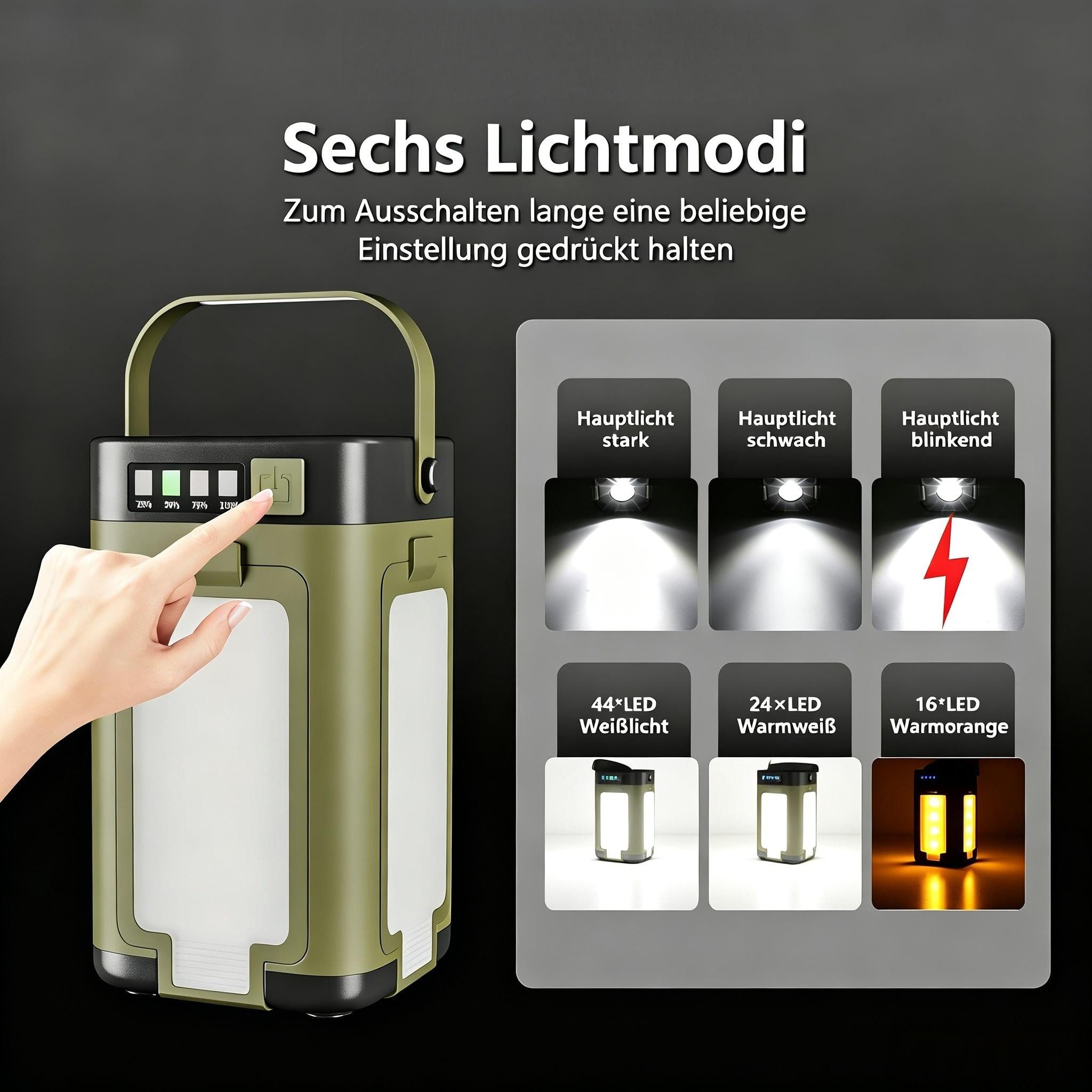 AIBISTAR LED Laterne 6in1 Campingleuchte mit Powerbank Solar faltbar 2000mAh, LED Leuchtmittel, Weiss, Warmgelb, Orange, LED Campinglampe,6 Lichtmodi,Blinkmodus,4 bewegliche Leuchtflügel