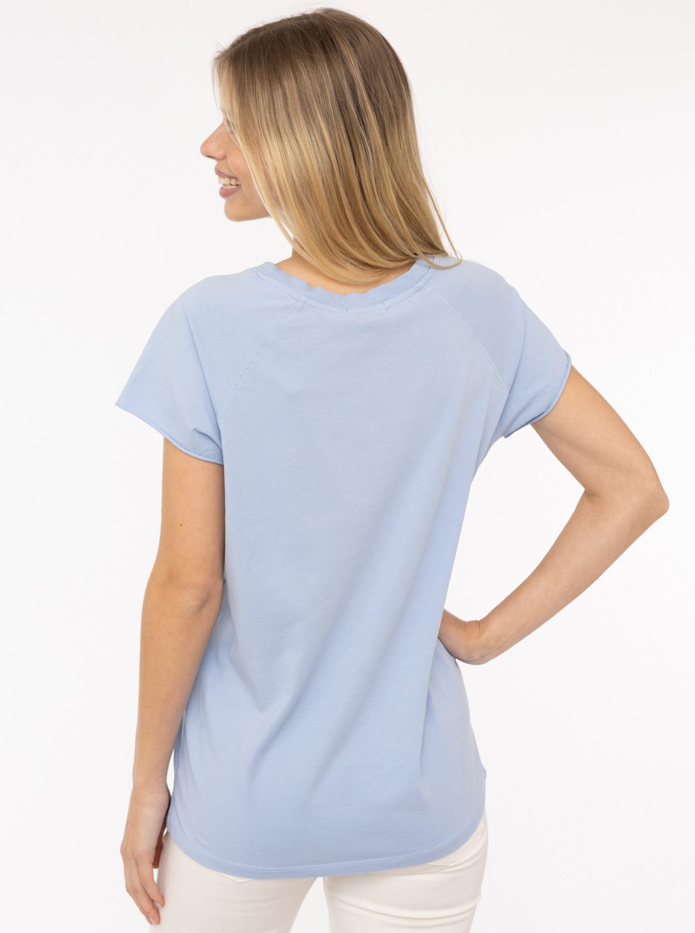 Zwillingsherz Kurzarmshirt "Positive Mind" V-Ausschnitt, Kurzarm, hinten etwas länger, Baumwollmischung