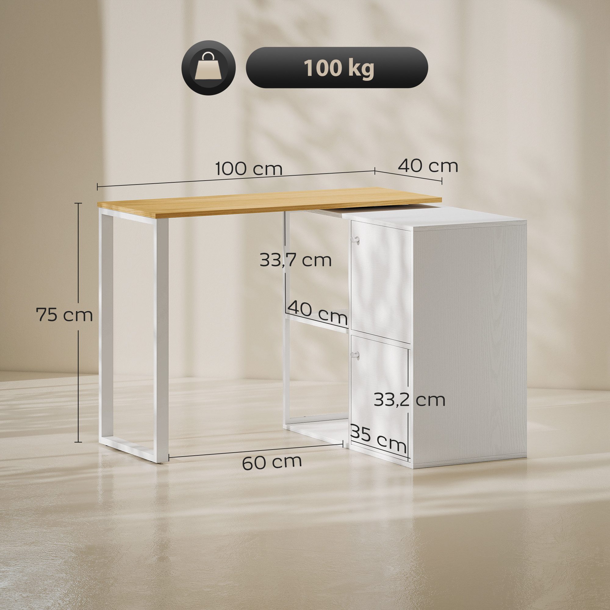 HOMCOM Schreibtisch mit 2 Lagerschränken, 2 offenen Regalen (360° drehbarer Eckschreibtisch, 1-St., L-förmig Computertisch), für kleine Räume, Arbeitszimmer, Wohnzimmer, 150x40x75 cm, Weiß