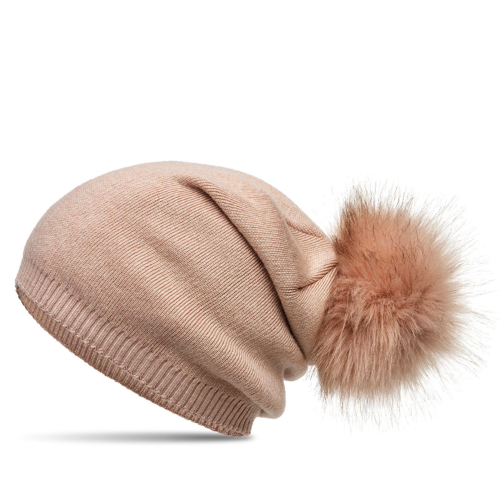 Bommelmütze MU205 Gefütterte Damen Feinstrick Long Beanie Mütze mit Kunstfell Bommel