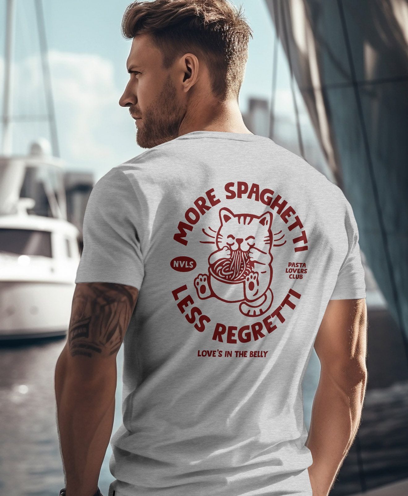 Neverless Print-Shirt Herren T-Shirt Backprint Katze Rückendruck Brustloge Pasta Lovers mit Print